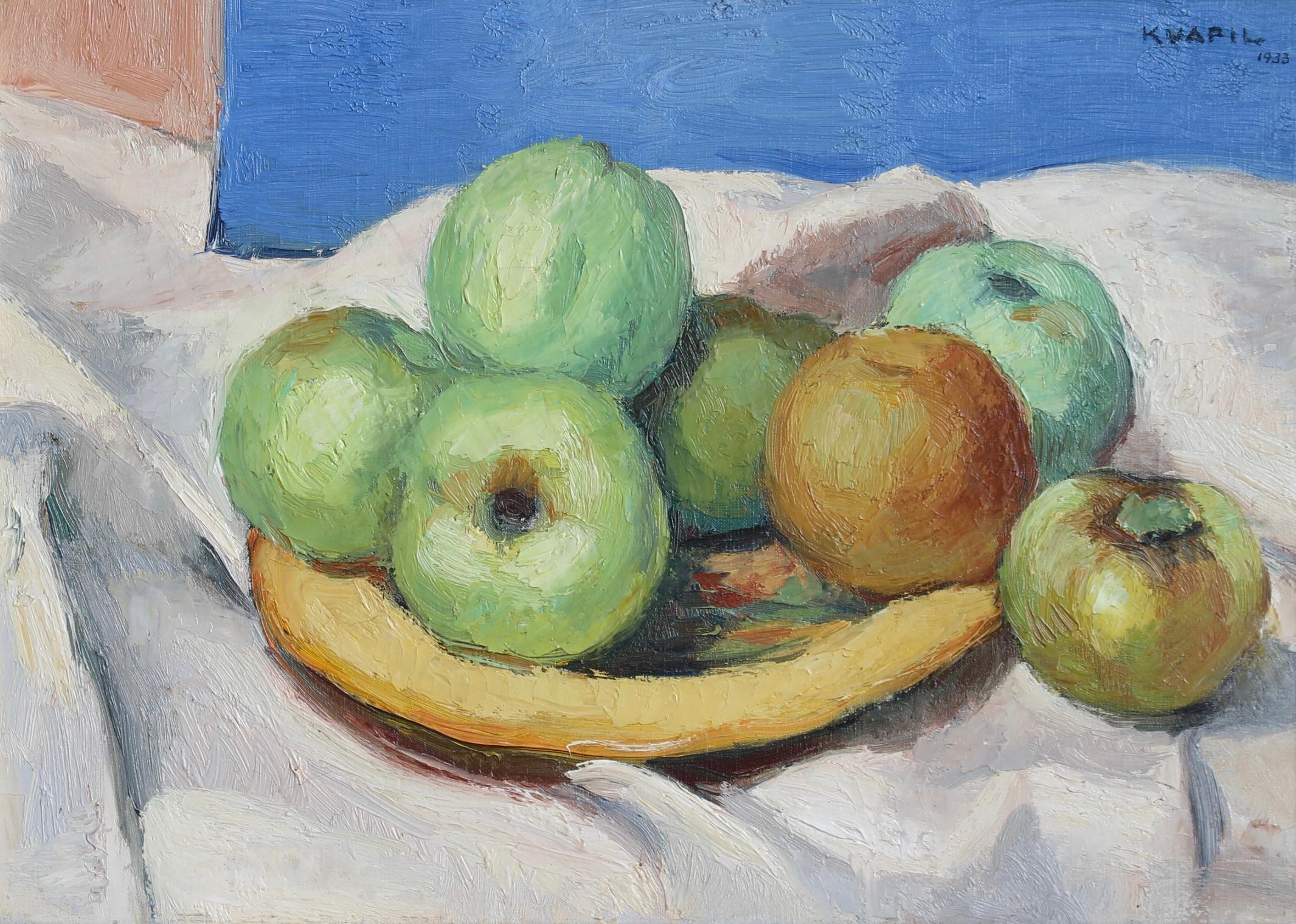 Nature morte aux pommes et à la banane - Painting de Charles Kvapil