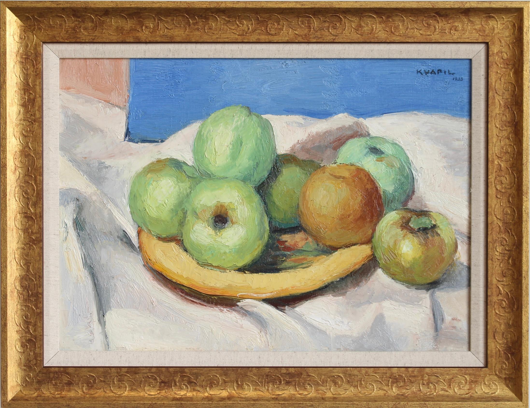 Still-Life Painting Charles Kvapil - Nature morte aux pommes et à la banane