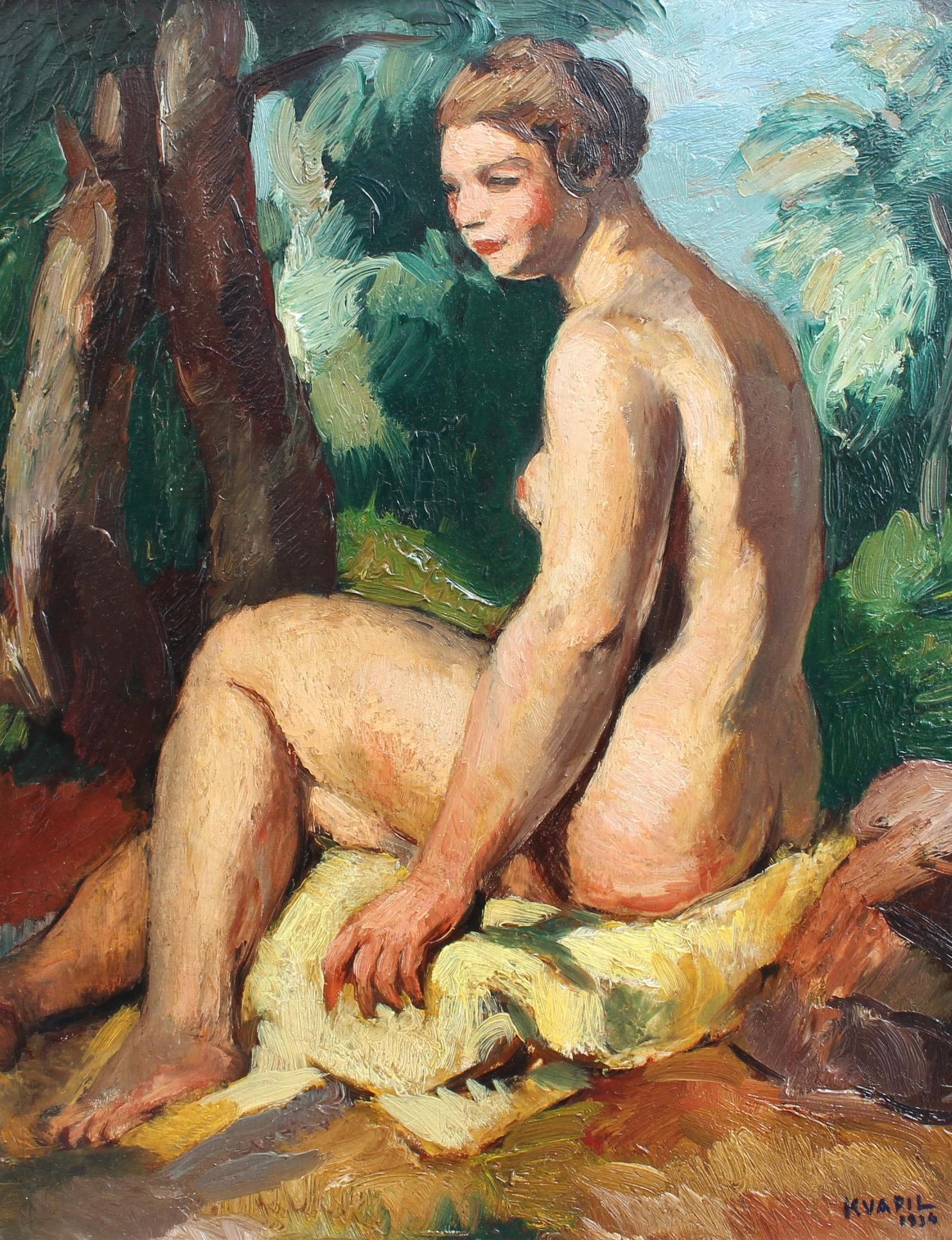 La baigneuse, huile sur carton, par Charles Kvapil (1934). Depuis des siècles, le monde de l'art représente des baigneurs sous une forme ou une autre. Les versions merveilleusement séduisantes de Kvapil sont probablement inspirées par Courbet et