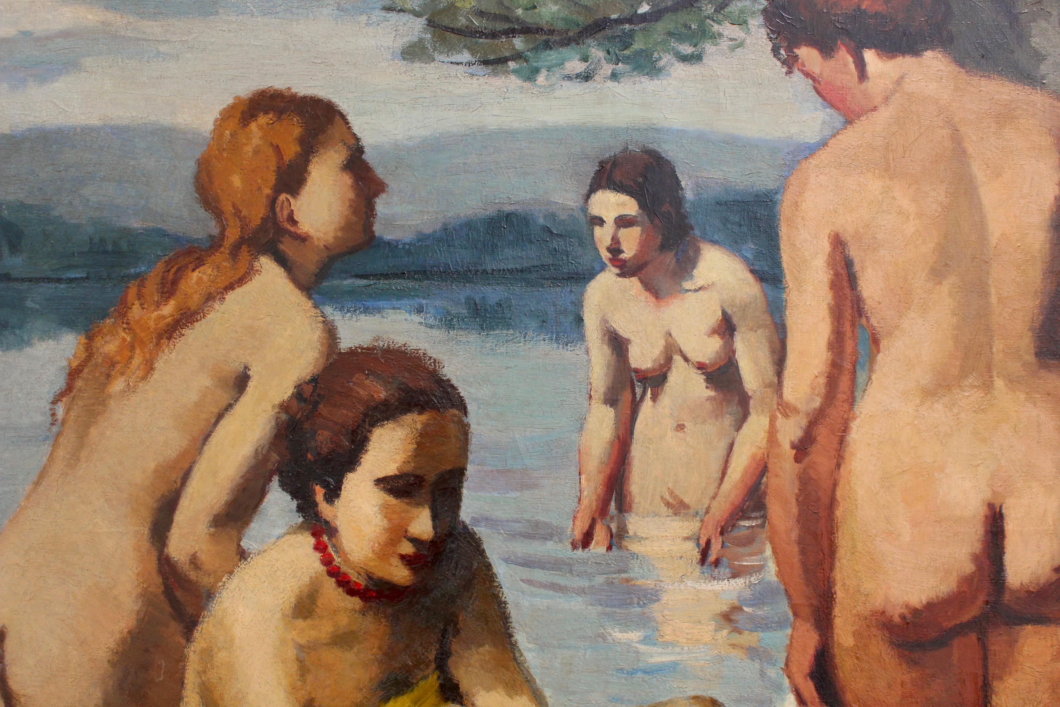 'The Bathers', oil on canvas, by Charles Kvapil (circa 1920s). The world of art has for centuries depicted bathers in one form or another. Kvapil's version, inspired by Courbet and Cézanne, is wonderfully alluring. Four nudes appear near a secluded