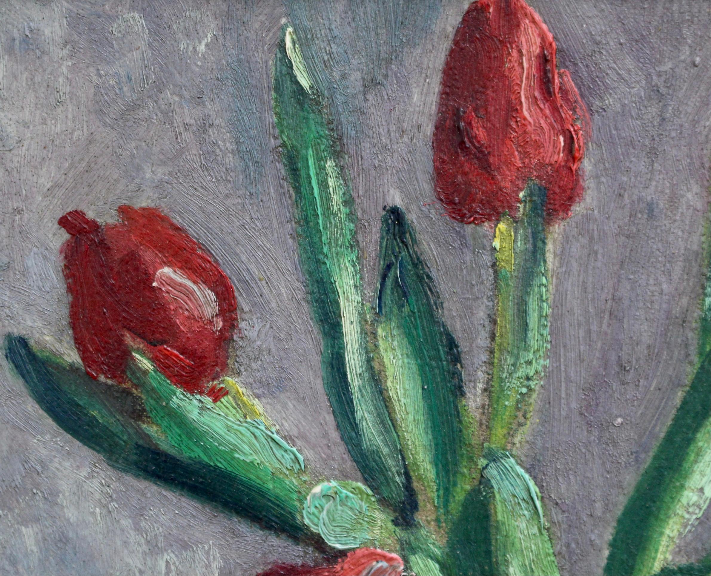 Vase with Bouquet of Red Tulips - Expressionist Painting by Charles Kvapil