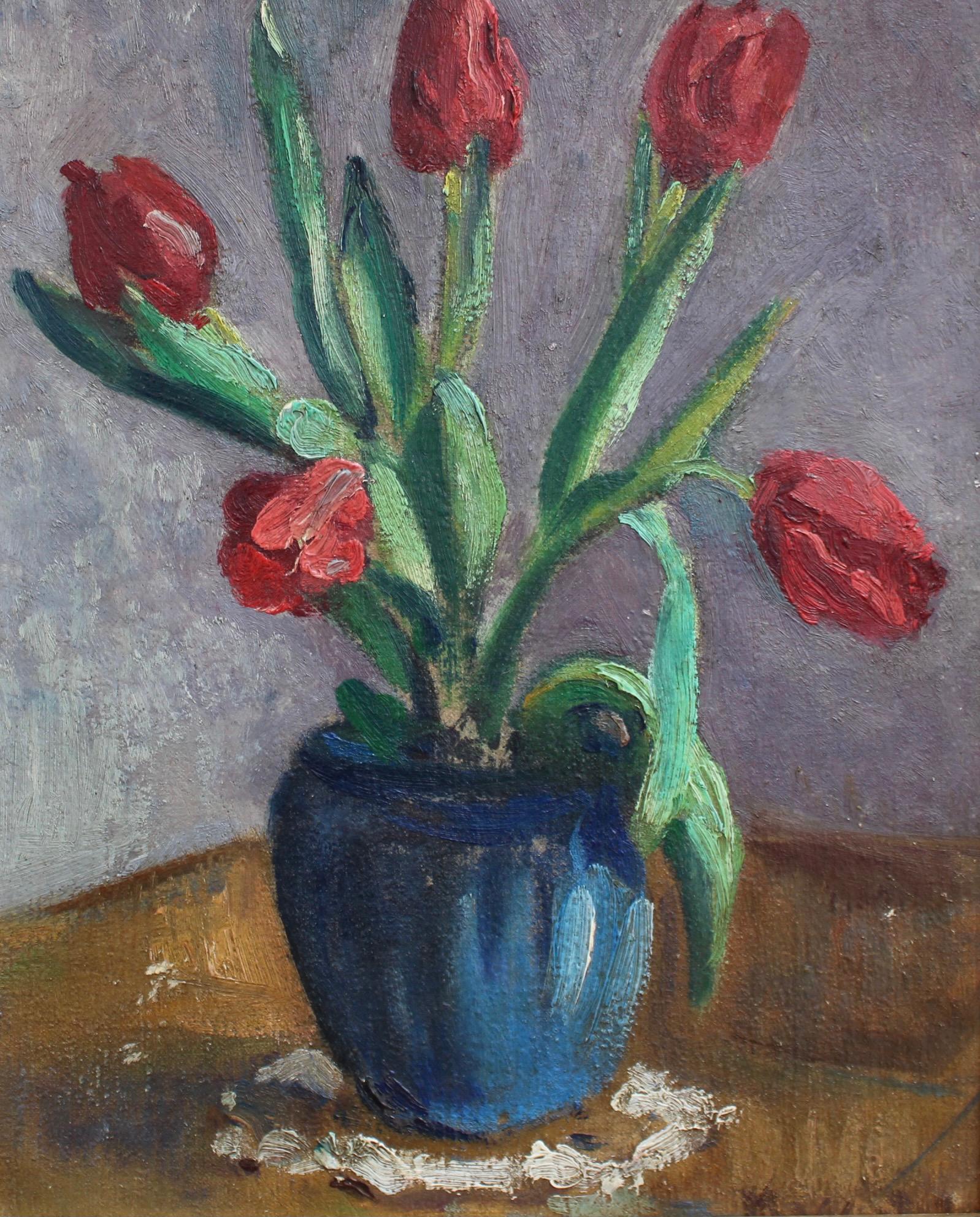 Vase with Bouquet of Red Tulips - Painting by Charles Kvapil