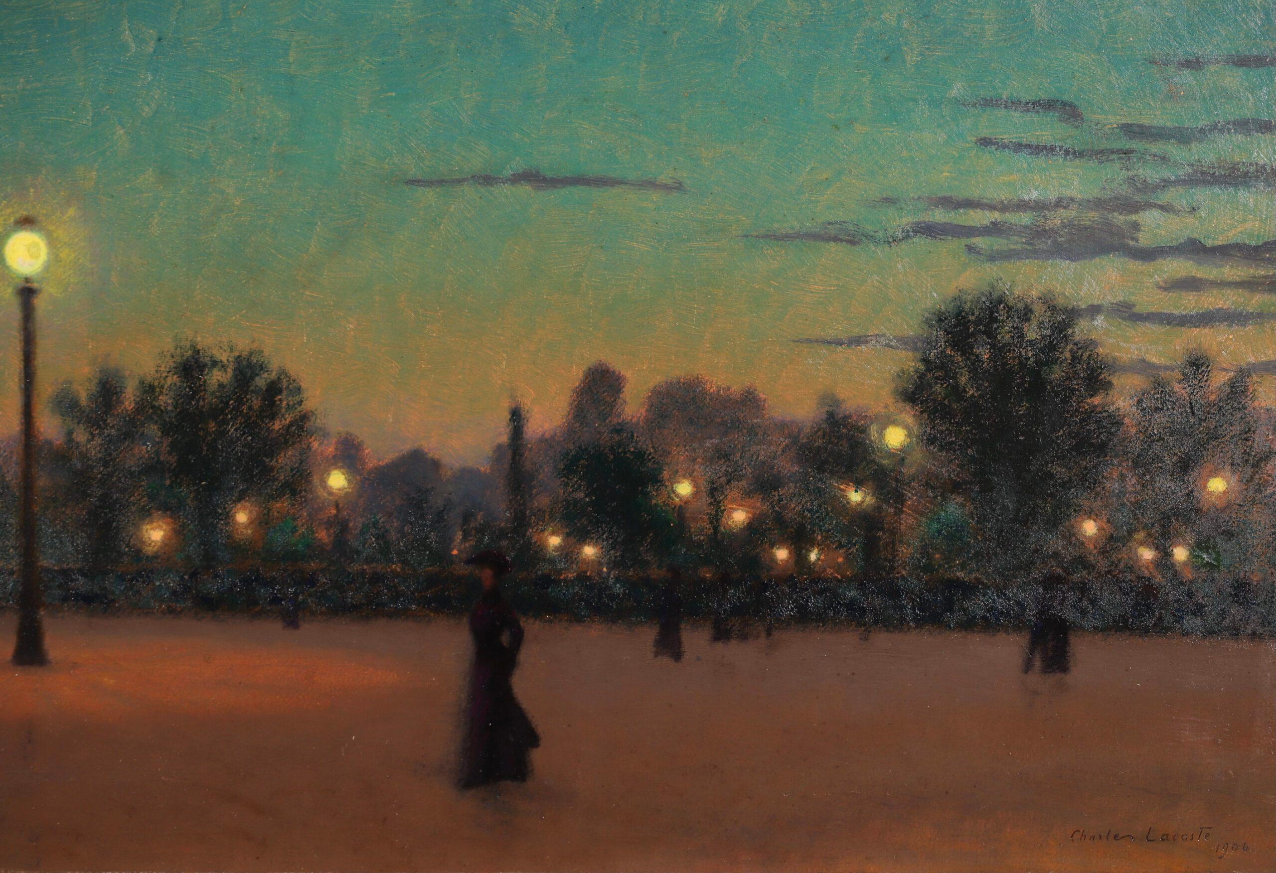 Nocturne - Figure impressionniste dans un paysage peint à l'huile de Charles Lacoste en vente 2