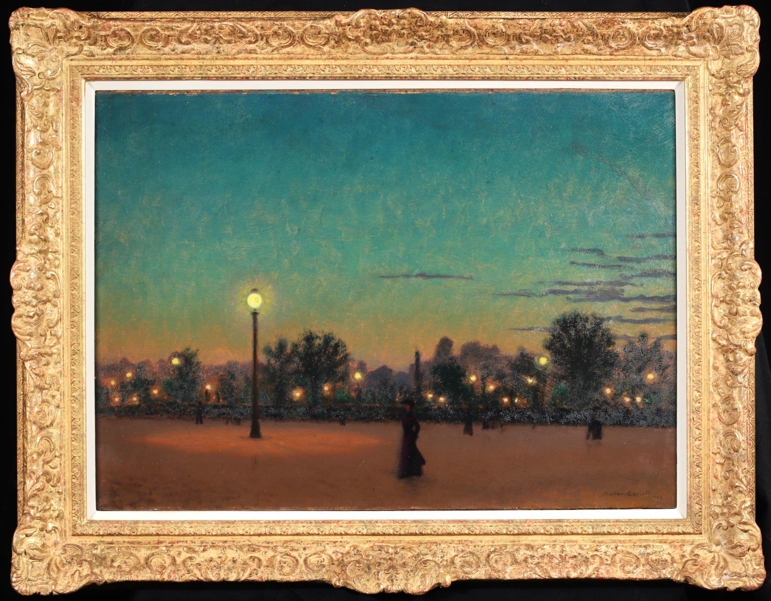 Signed and dated figure in landscape oil on board by French impressionist painter Charles Lacoste. A truly stunning piece with depicts a nighttime view of a Parisian street with a single woman dressed in a black coat and hat standing in the centre