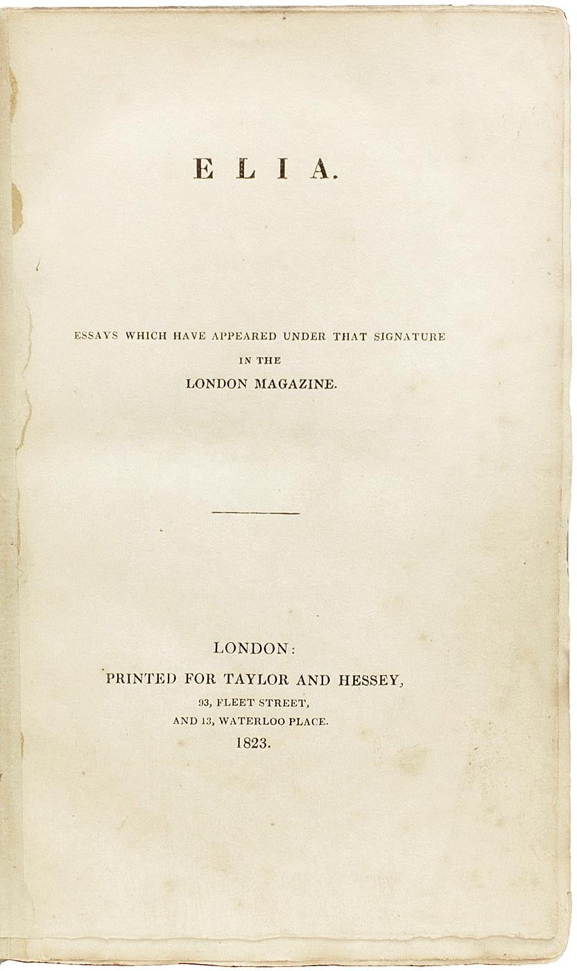 Britannique Charles Lambe. Elia. 1823, LA Première ÉDITION, L'ISSUE SECOND ÉPUISÉE DANS LES BOARDS ORIGINAUX en vente