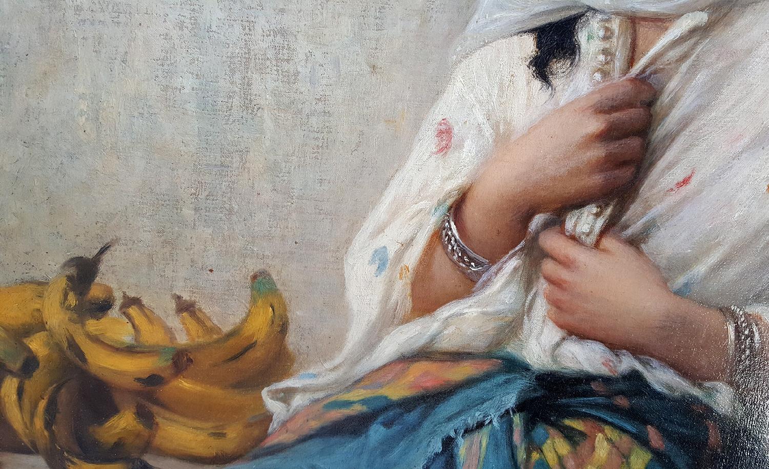 Petite marguerite de banane orientaliste, fille d'Afrique du Nord vendant des bananes - Marron Figurative Painting par Charles Zacharie Landelle