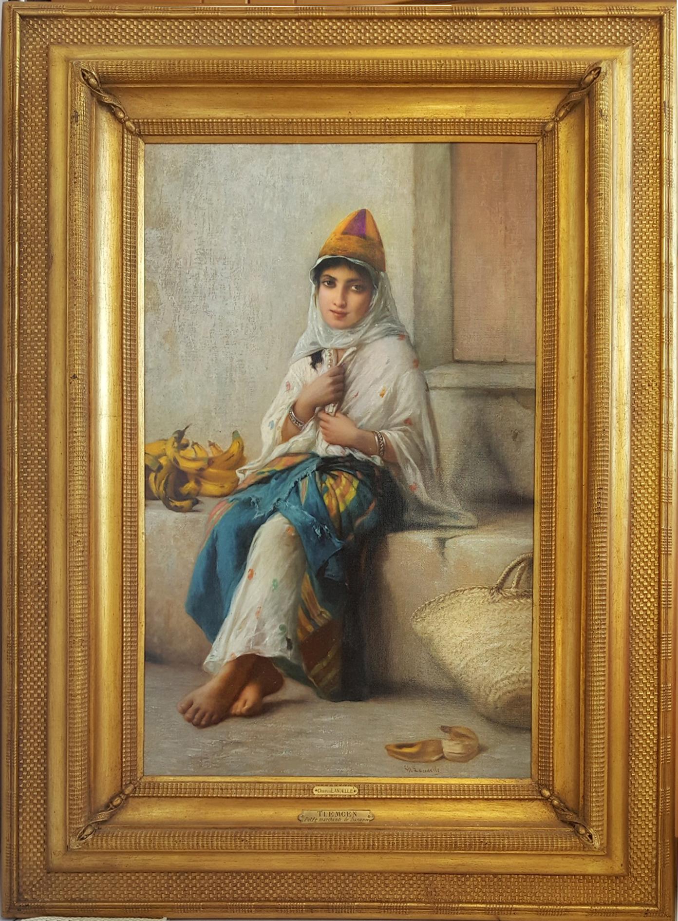 Figurative Painting Charles Zacharie Landelle - Petite marguerite de banane orientaliste, fille d'Afrique du Nord vendant des bananes
