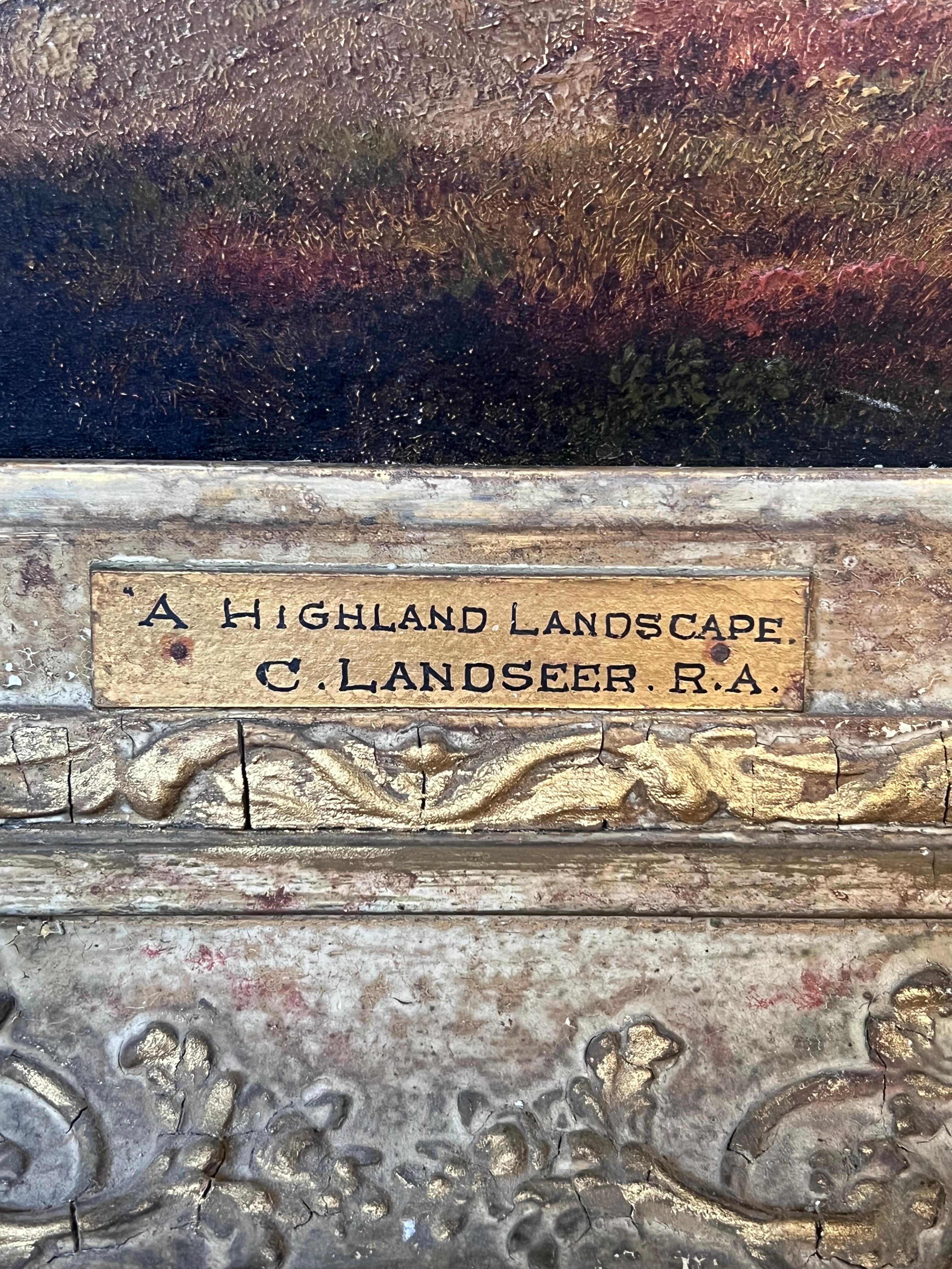 'A Highland Landscape' 
Stag and Deer in Scottish Highlands
circle of Charles Landseer (British 1799-1879)
oil on board, framed in ornate antique gilt frame. 
framed: 19.5 x 17.5 inches
board: 12 x 10 inches
Provenance: private collection,