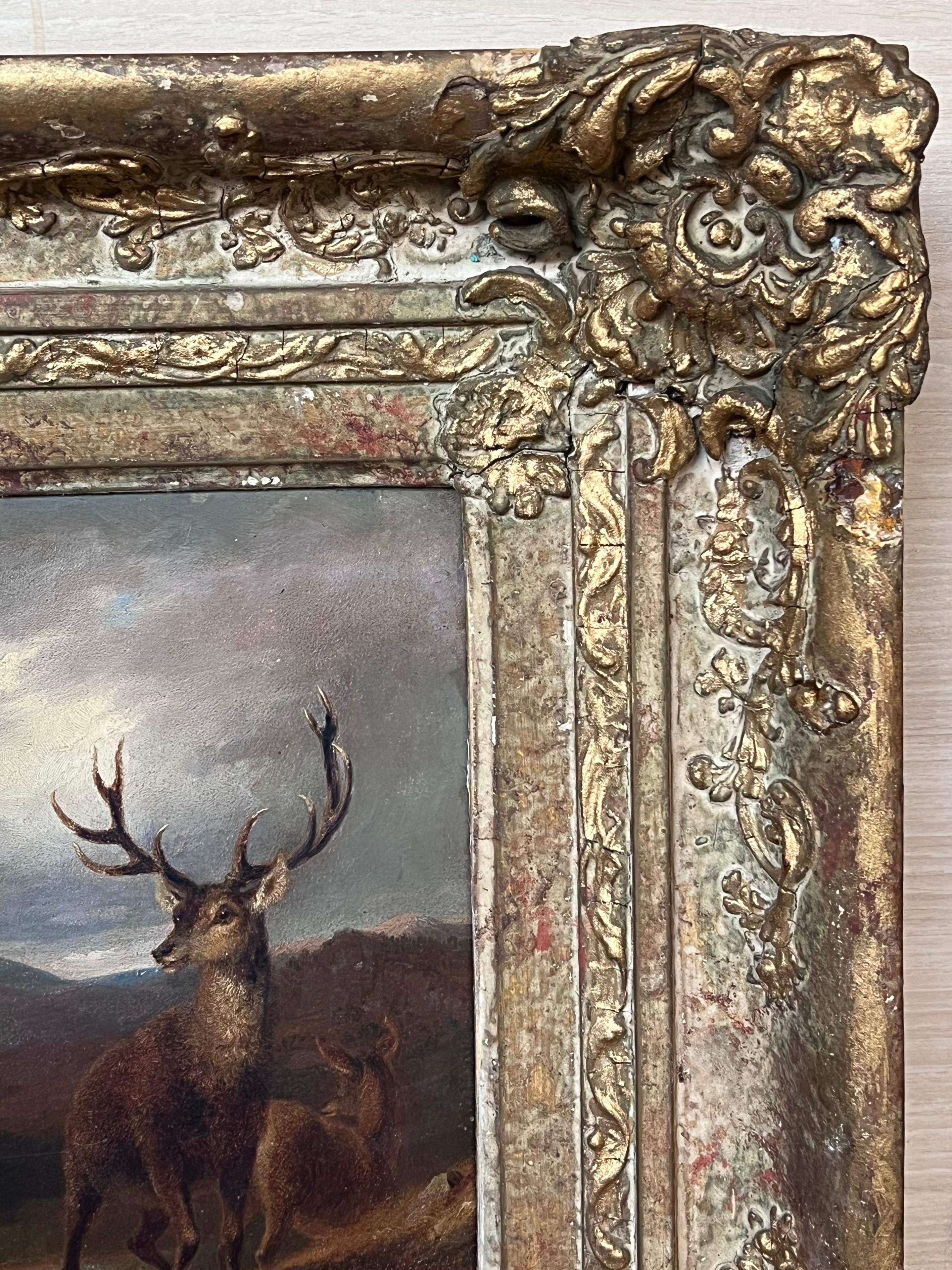 Fine Mid Victorian Scottish Oil Painting Stag & Deer in Highland Landscape 1