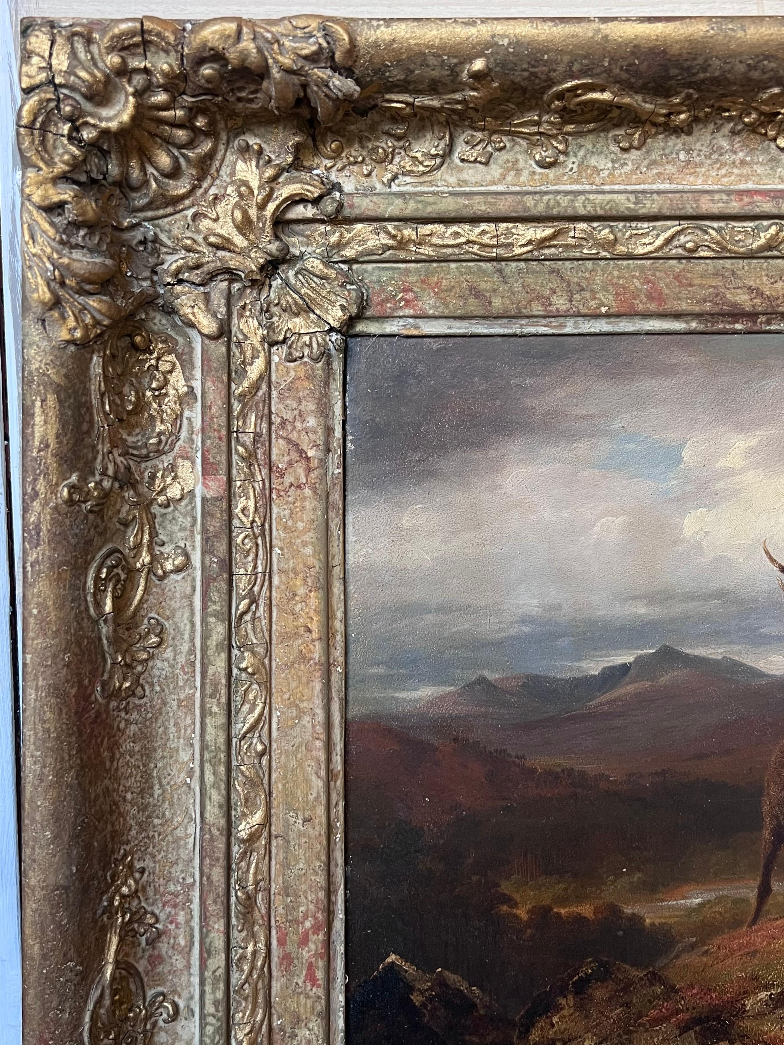 Fine Mid Victorian Scottish Oil Painting Stag & Deer in Highland Landscape 3