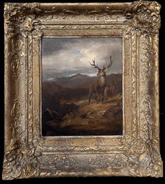 Raffinato dipinto a olio scozzese della metà dell'epoca vittoriana: Cervo e cervo in un paesaggio delle Highlands