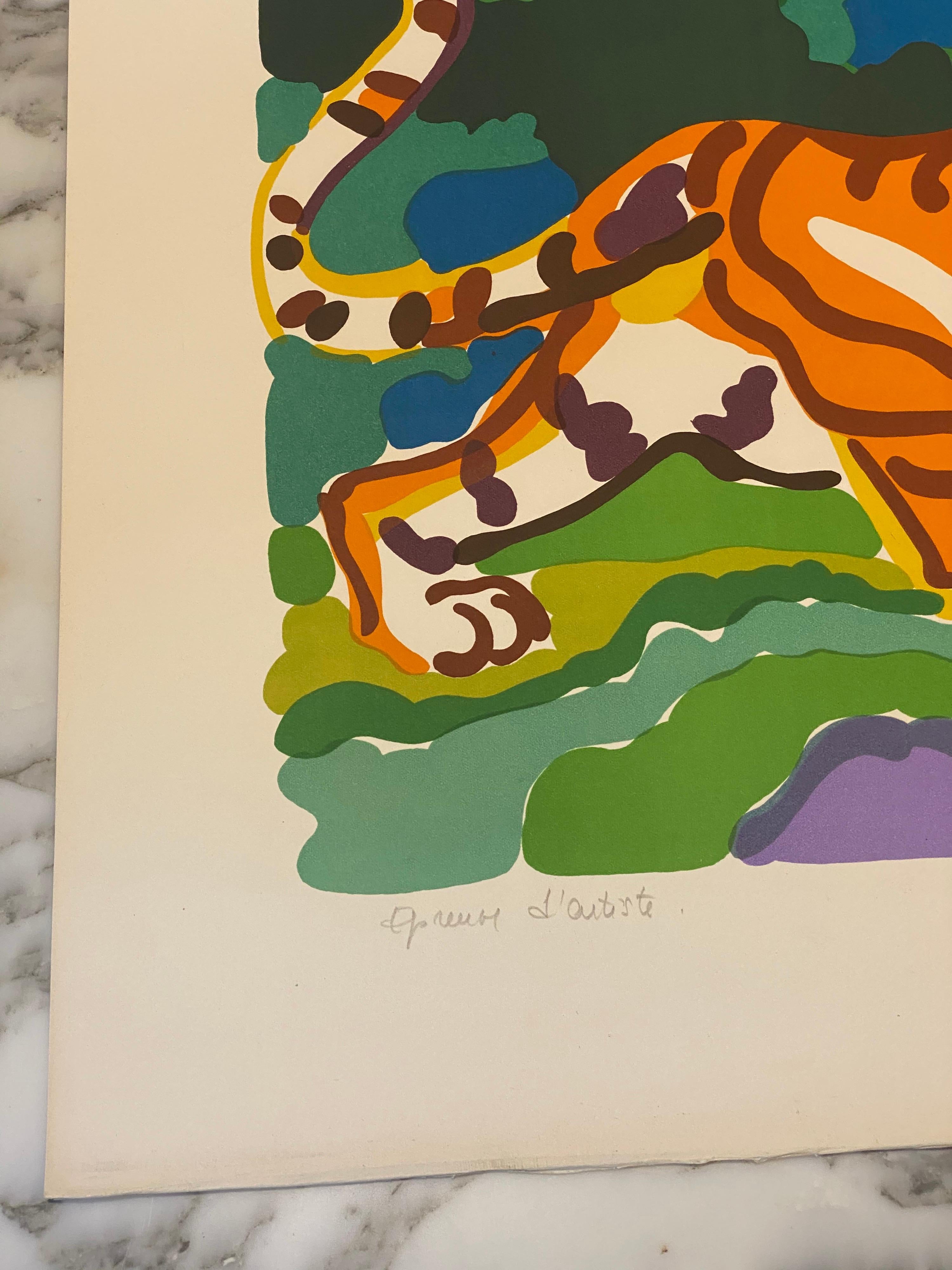 French Artist Original Lithography Tiger Drinking, Artist Proof, Signed, 1961 1