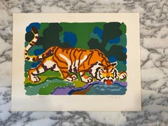 French Artist Original Lithography Tiger Drinking, Artist Proof, Signed, 1961