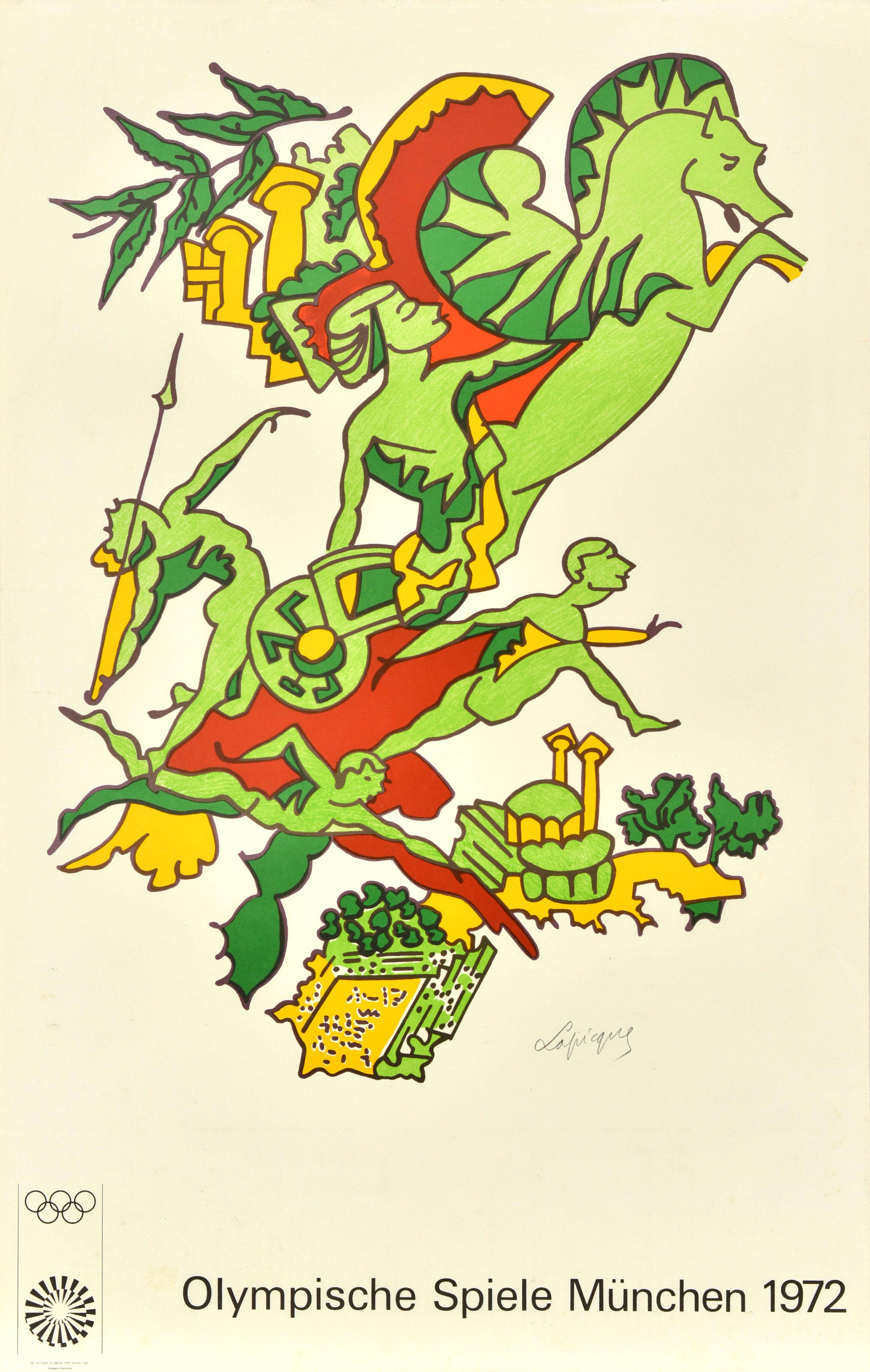 Poster sportivo originale d'epoca per le Olimpiadi estive del 1972 a Monaco di Baviera - Olympische Spiele Munchen - con un colorato disegno verde, giallo e rosso dell'artista francese Charles Lapicque (1898-1988) che raffigura atleti che corrono,