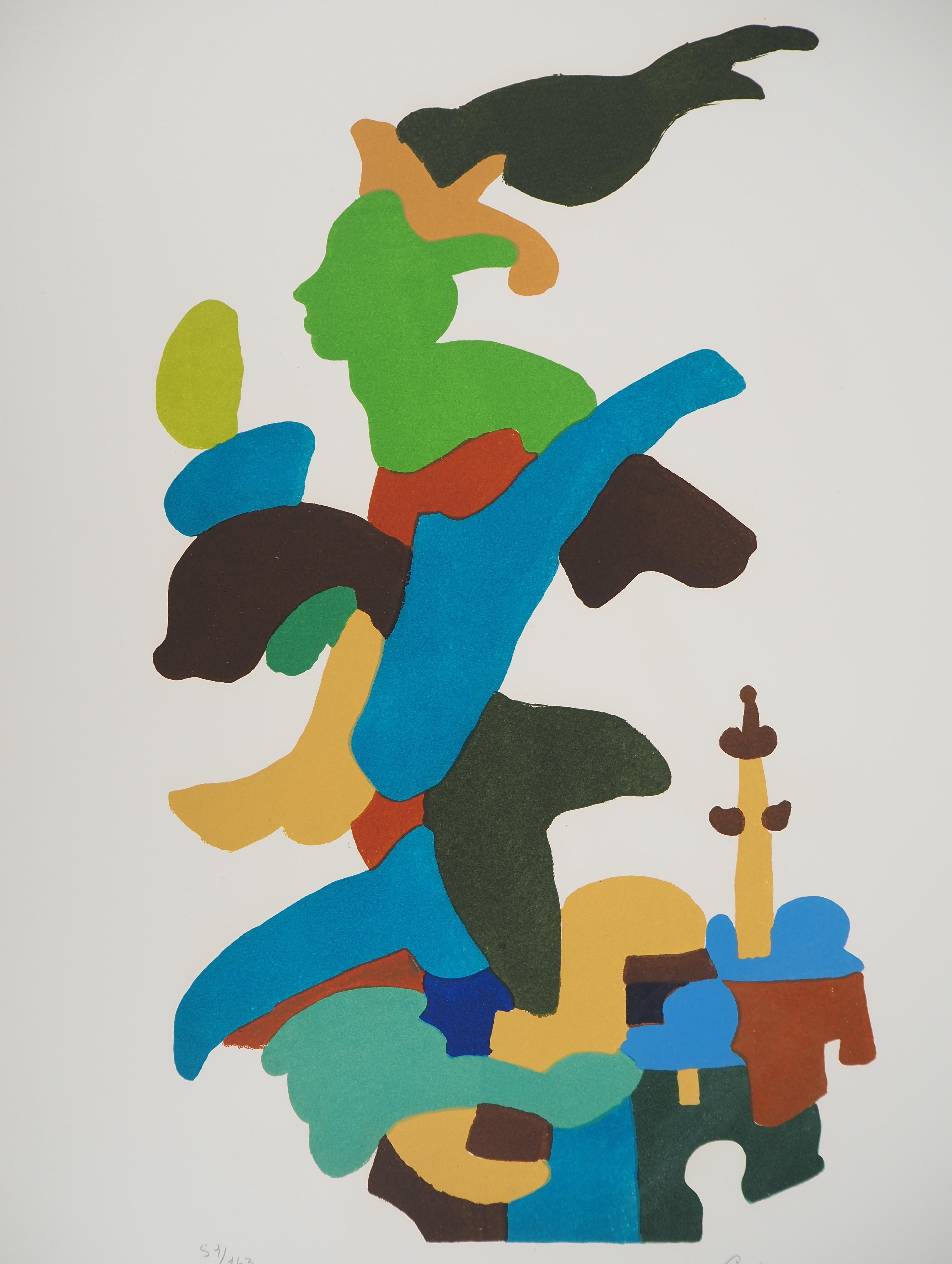 Deporte : La Llama Olímpica - Litografía original, FIRMADA A MANO - Figurative Print Gris de Charles Lapicque