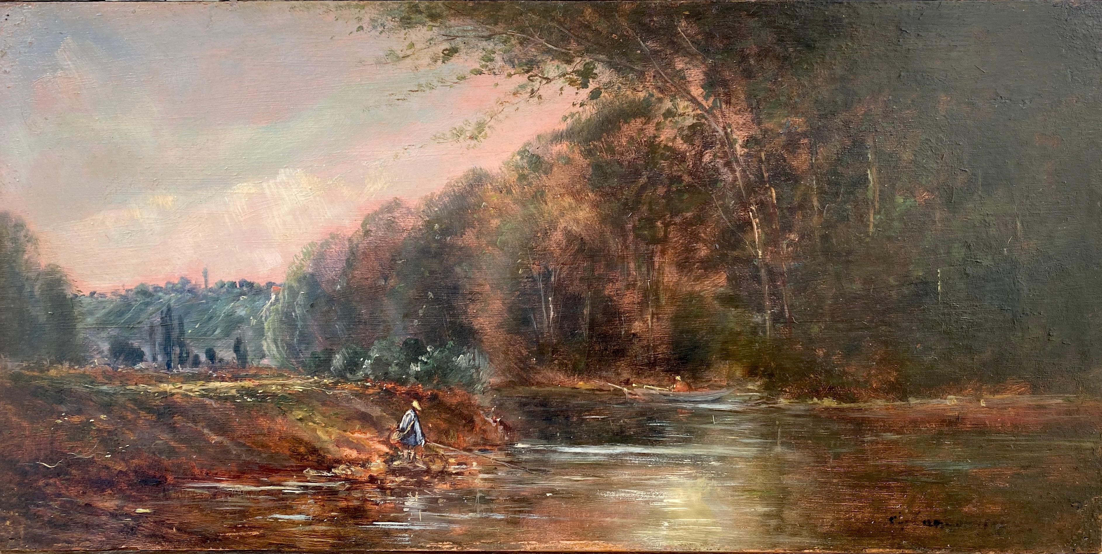 Light on the water, luminous river landscape with two lone figures painting - Painting by Charles Lapostolet