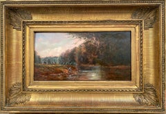 Light on the water, luminous river landscape with two lone figures painting