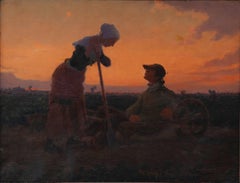 Charles Lasar "Landscape"  19th Century Oil Canvas Sunset Impressionism