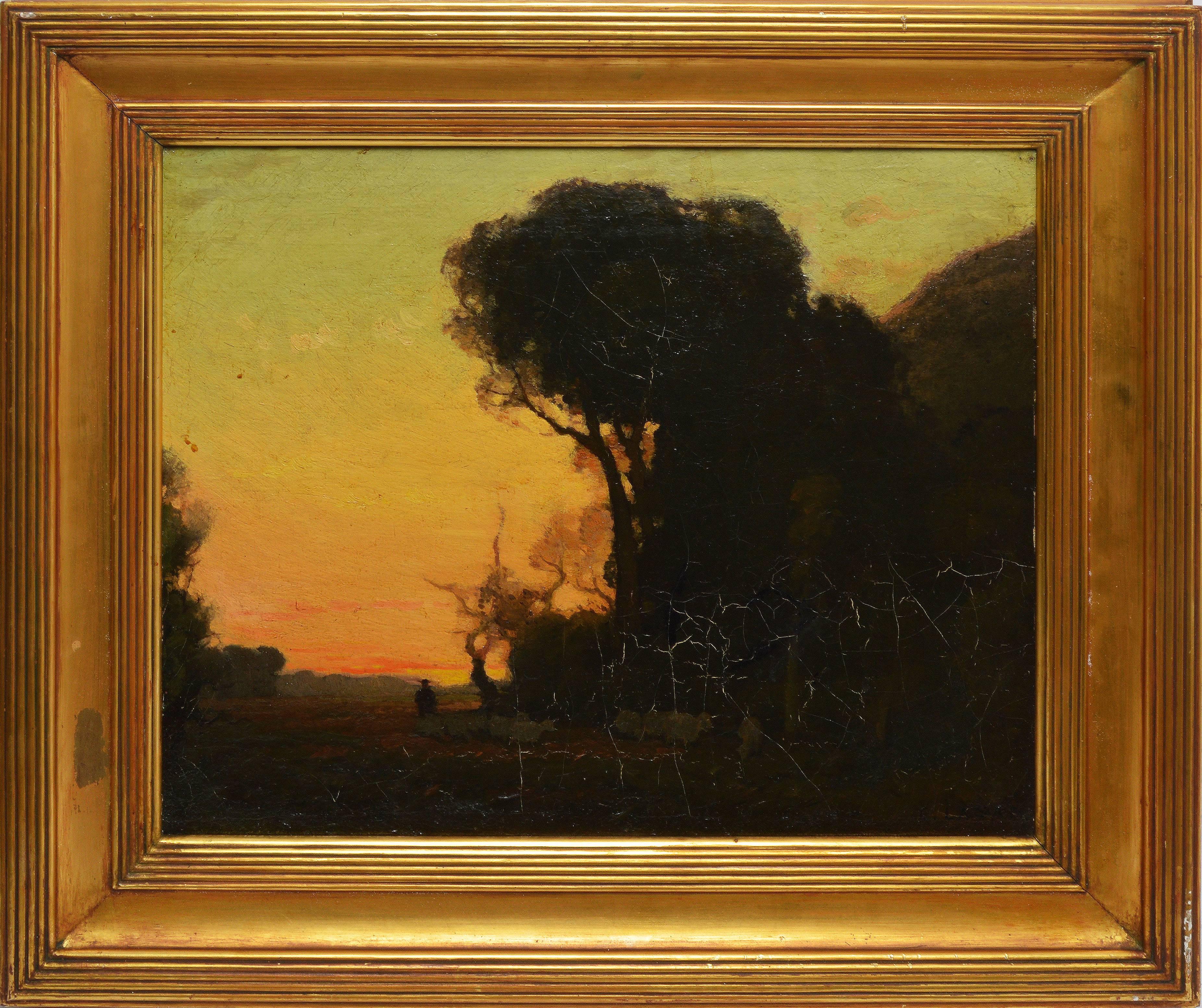 Tonalist Sunset Landscape with a Figure and Sheep by Charles Lasar  1