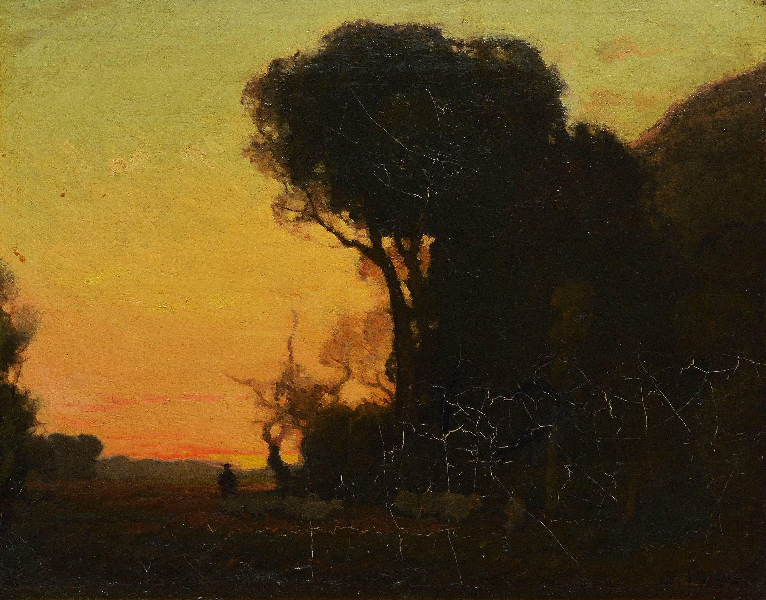 Tonalist Sunset Landscape with a Figure and Sheep by Charles Lasar  2