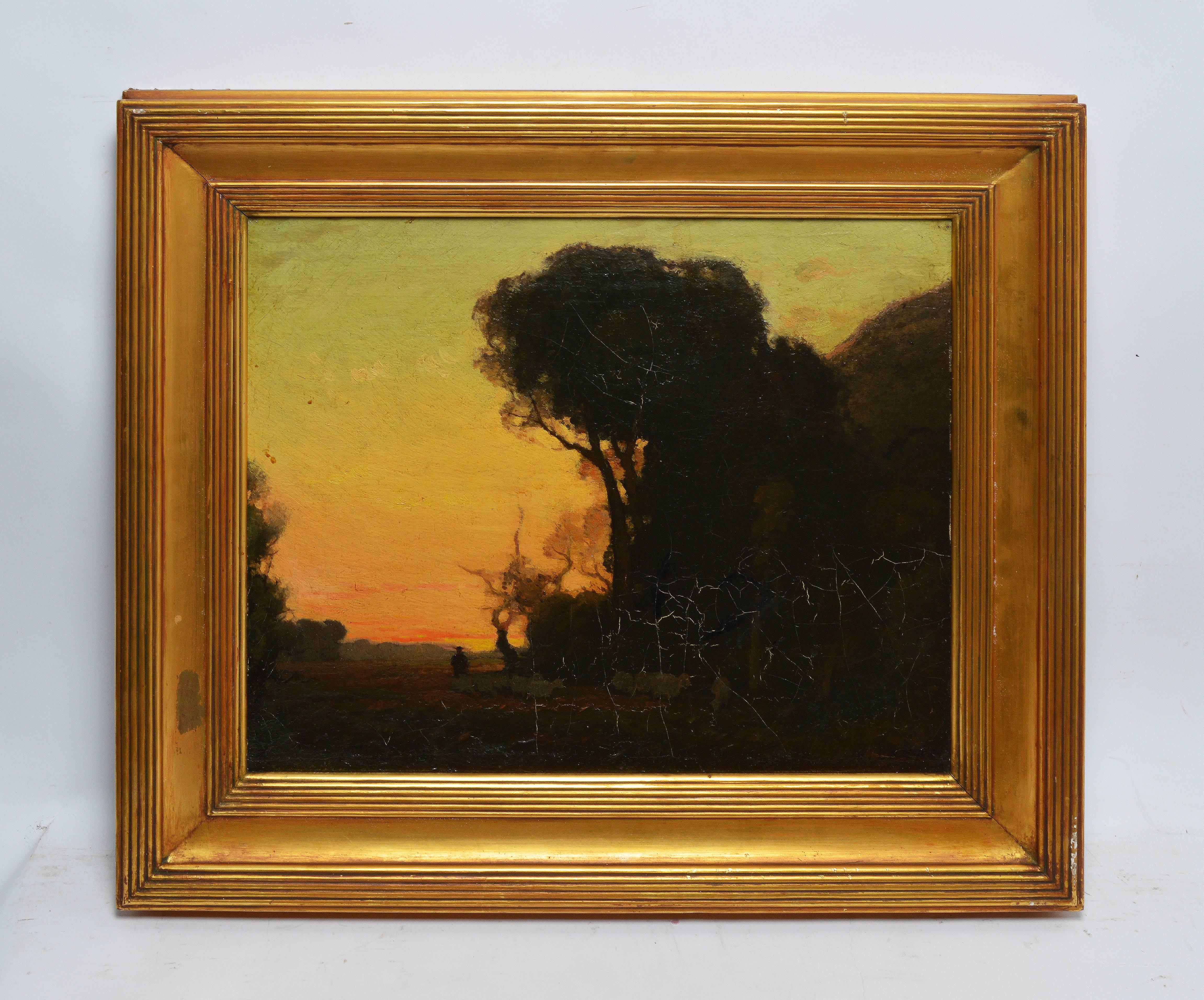 Tonalist sunset landscape by Charles Lasar  (1856 - 1936).  Oil on canvas, circa 1885.   Signed lower right.  Displayed in a giltwood frame.  Image size, 18"L x 15"H, overall 24"L x 21"H.