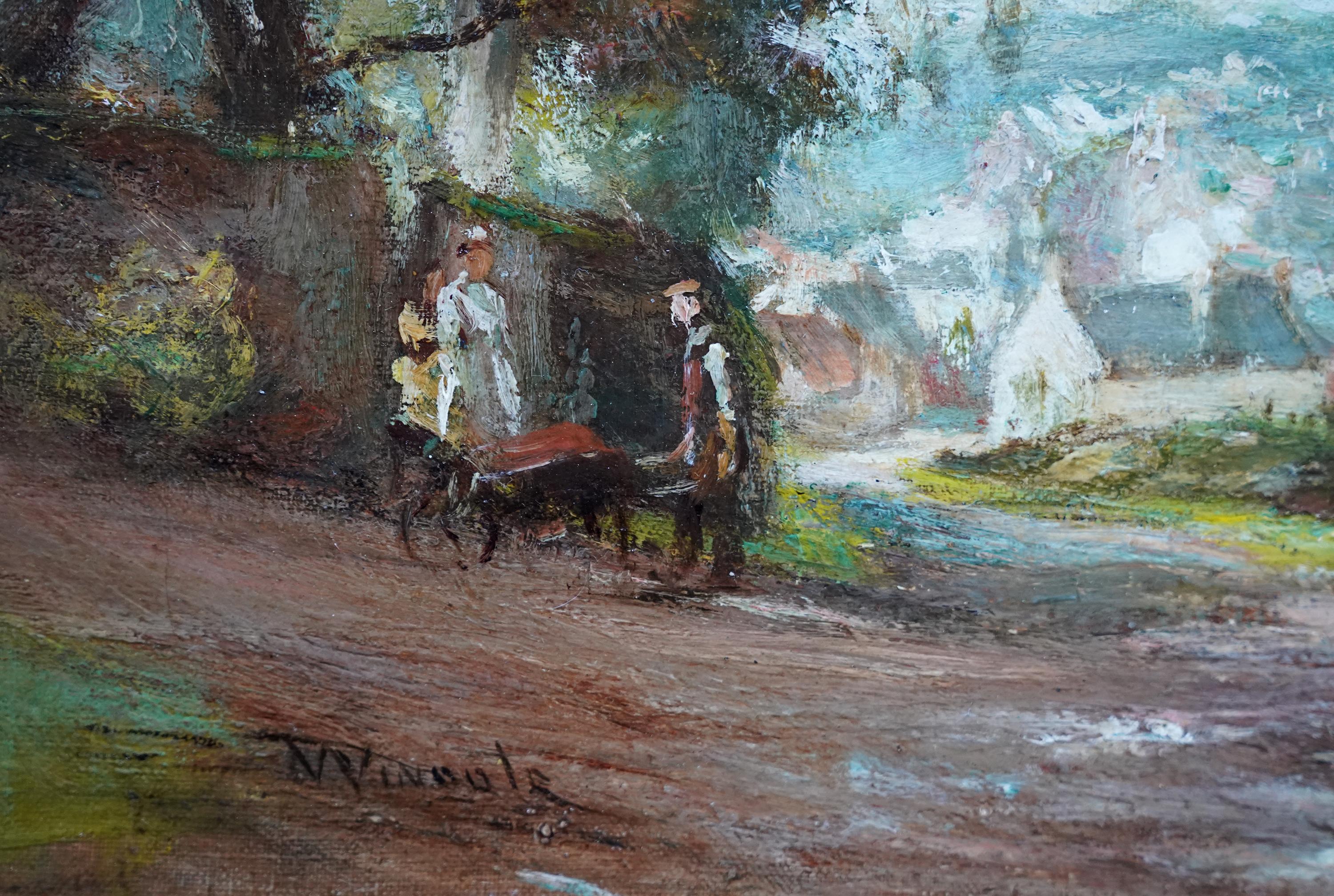 Dieses charmante schottische impressionistische Ölgemälde einer Edwardianischen Sommerlandschaft stammt von dem bekannten schottischen Künstler Sir Charles Lawton Wingate RSA. Die um 1910 gemalte Komposition zeigt den Blick auf eine Gasse, durch ein