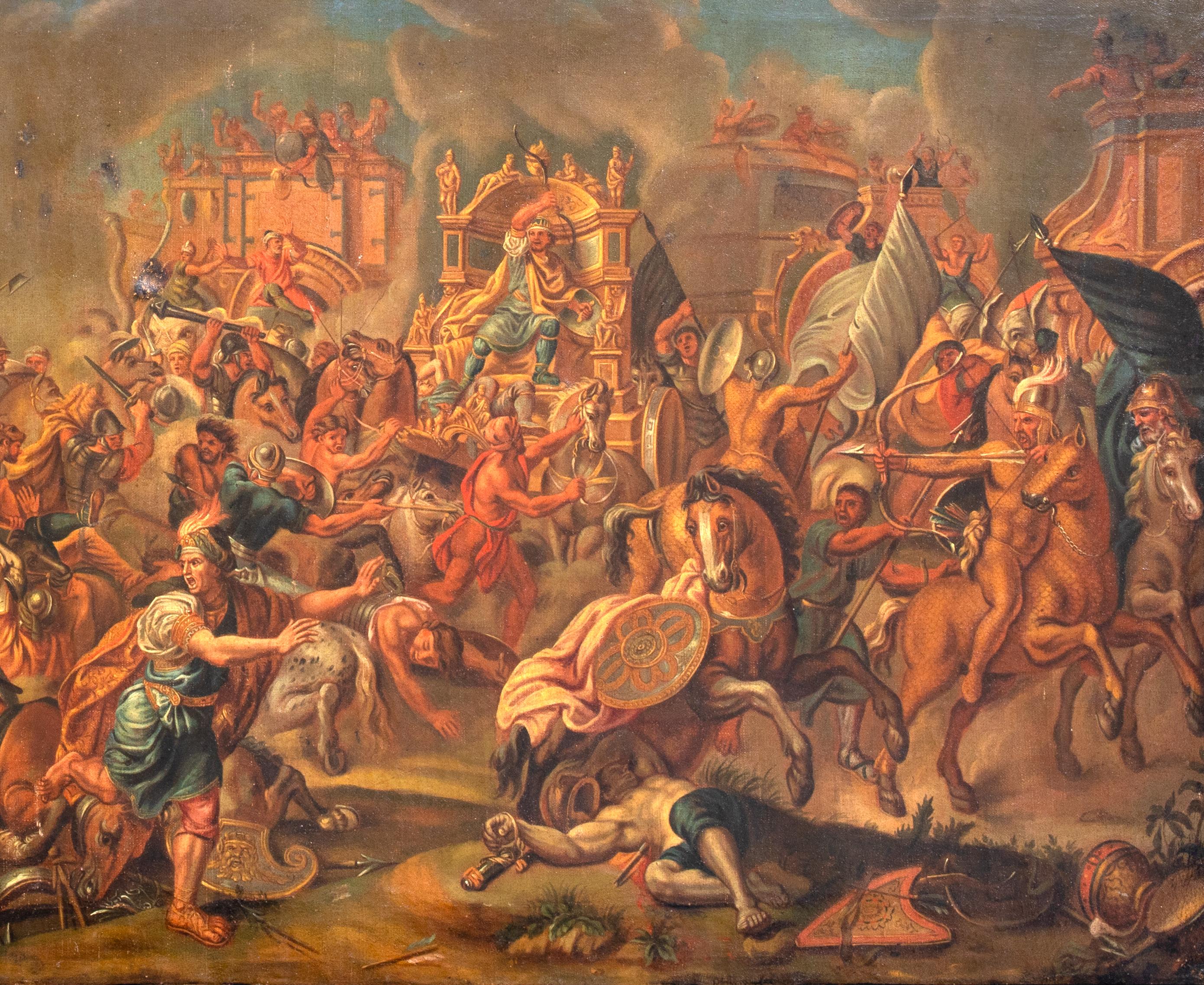 Battaglia di Arbela Gaugamela, 331 a.C., XVII secolo 

Scuola di Charles Le Brun (francese, 1619-1690)

Enorme scena antica del XVII secolo della Battaglia di Arbela, olio su tela. Ampio panorama dell'esercito di Macdon sotto Alexander il Grande