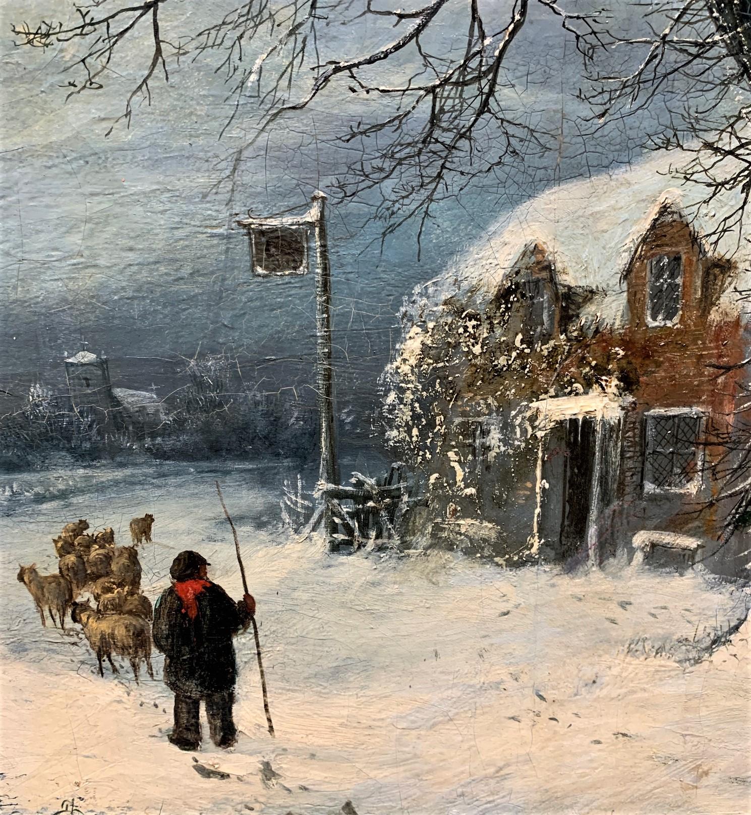 European Charles Leaver, 19th Century Oil on Canvas Wintry Village Scene Painting
