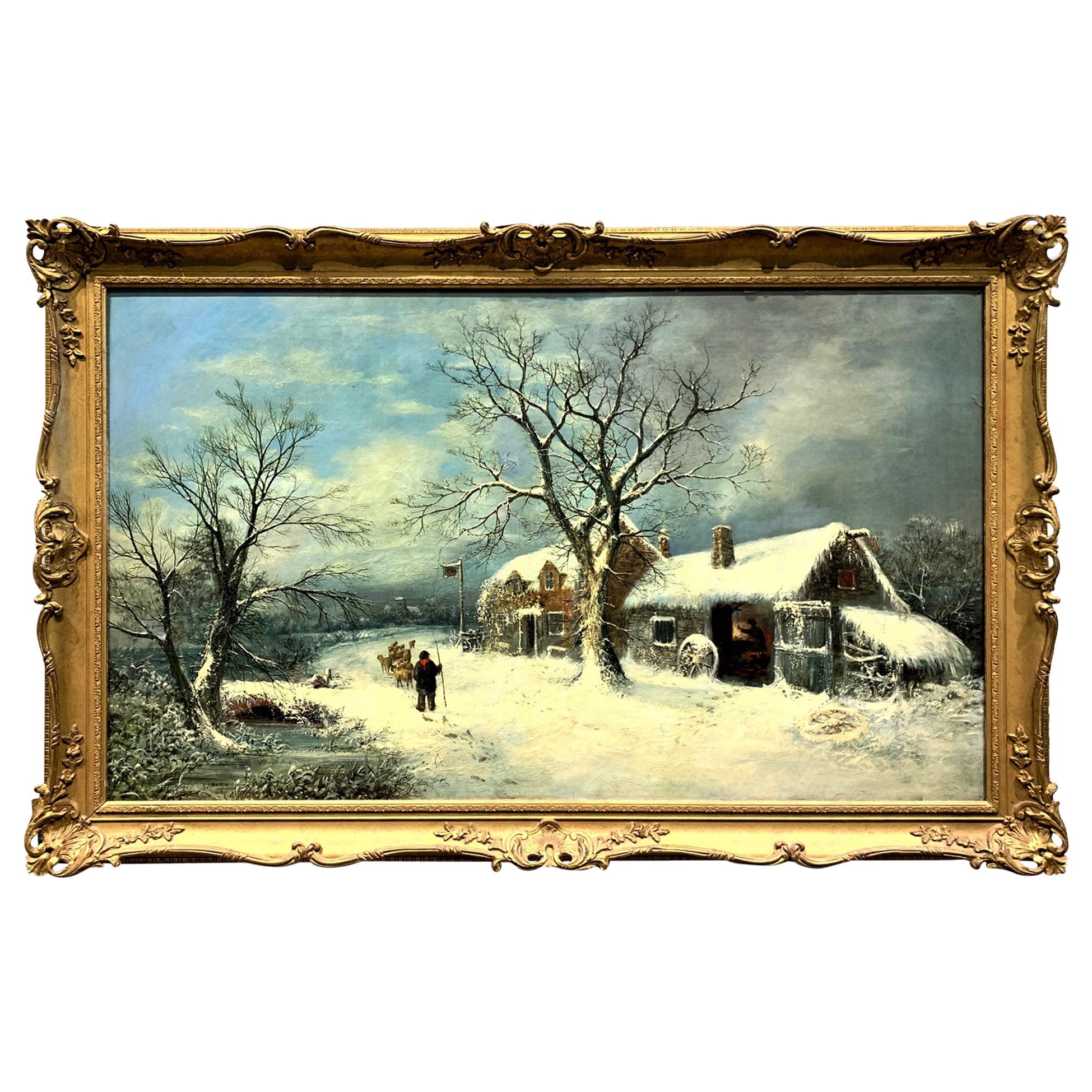 Charles Leaver, 19th Century Oil on Canvas Wintry Village Scene Painting