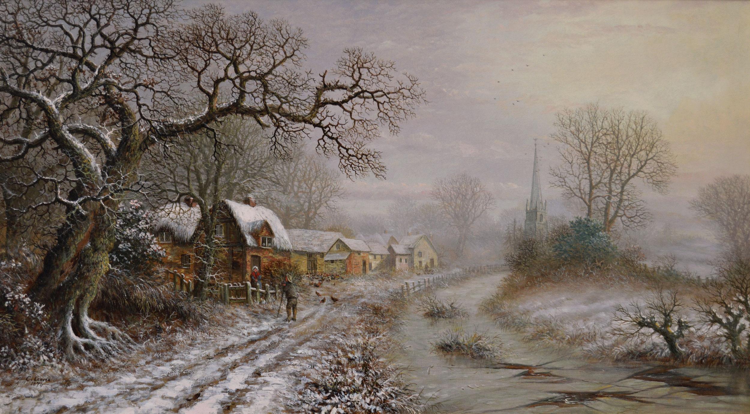 19th Century winter landscape oil painting of Kings Norton, Warwickshire - Painting by Charles Leaver