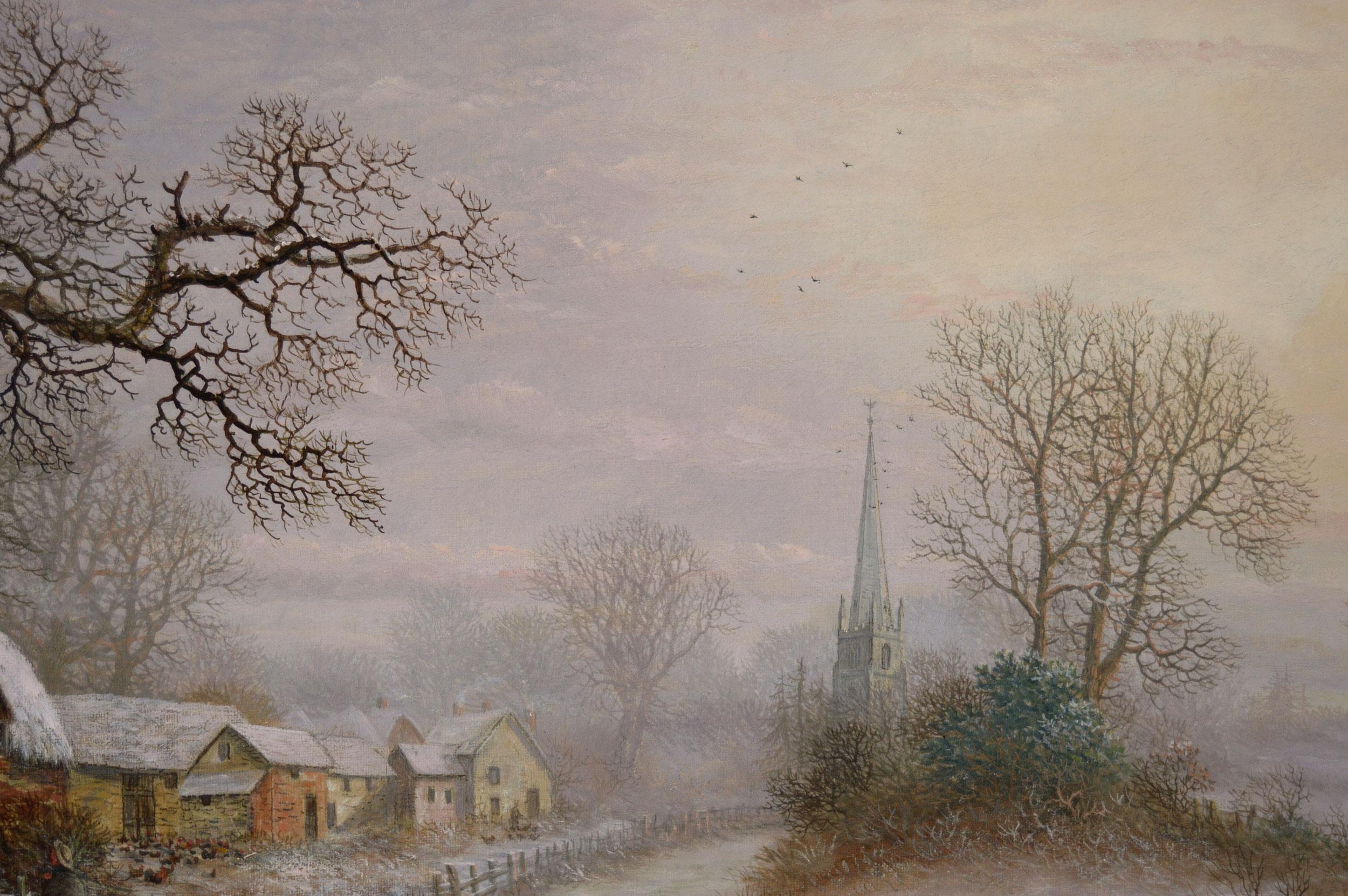 Charles Leaver 
British, (1824-1888)
A Winter’s Day, Kings Norton
Oil on canvas, signed & dated 1874
Image size: 14.25 inches x 26.5 inches
Size including frame: 21.25 inches x 33.5 inches

A beautiful winter scene of a Midlands village covered in