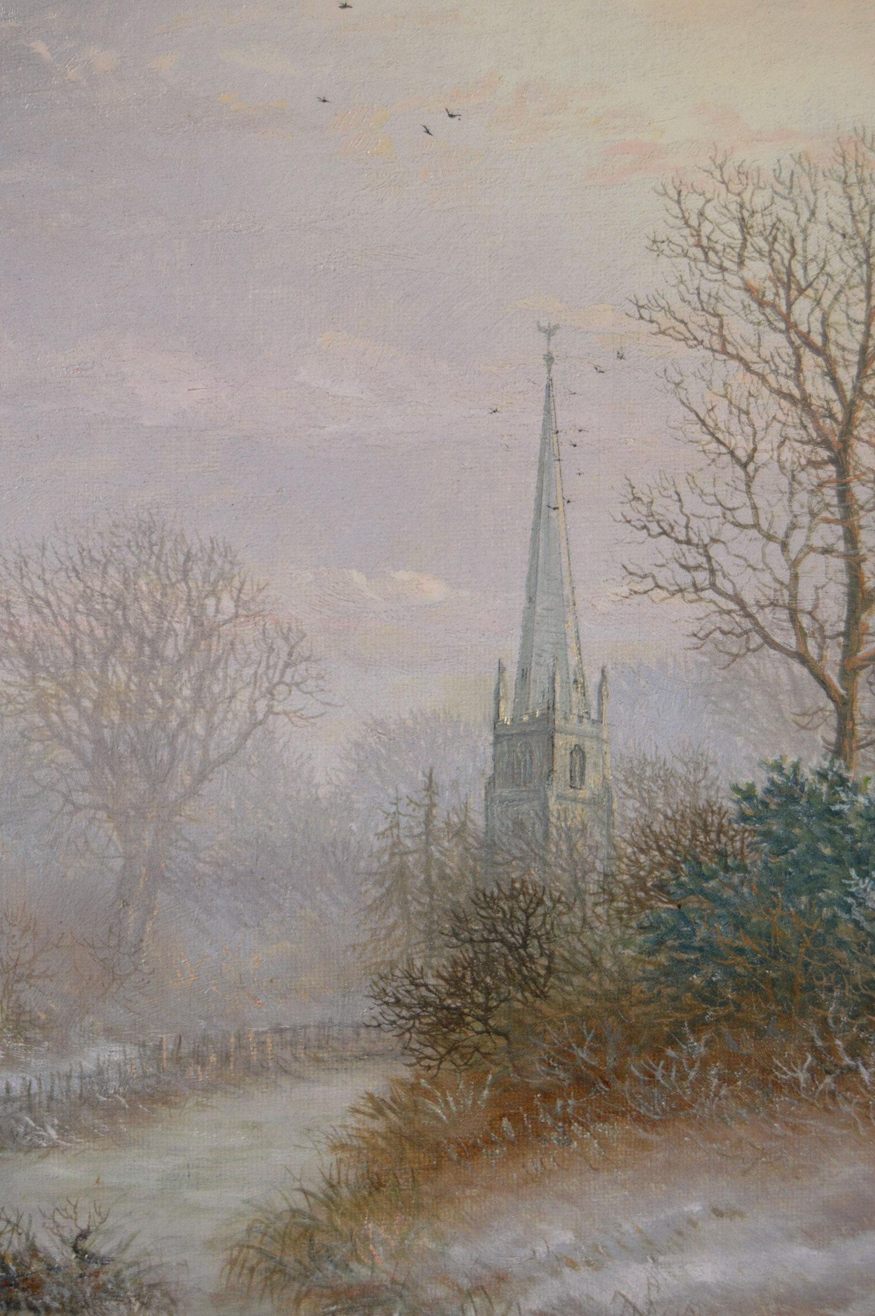 19th Century winter landscape oil painting of Kings Norton, Warwickshire 1