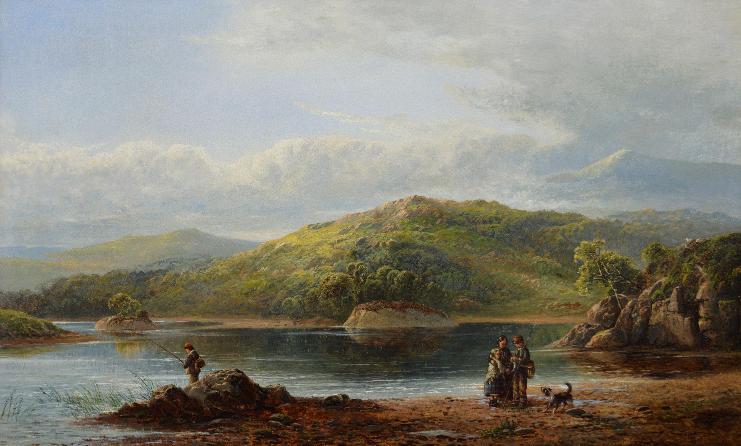 Peinture à l'huile du 19ème siècle - Paysage des Highlands - Des personnes pêchent sur un loch - Painting de Charles Leaver Shaw