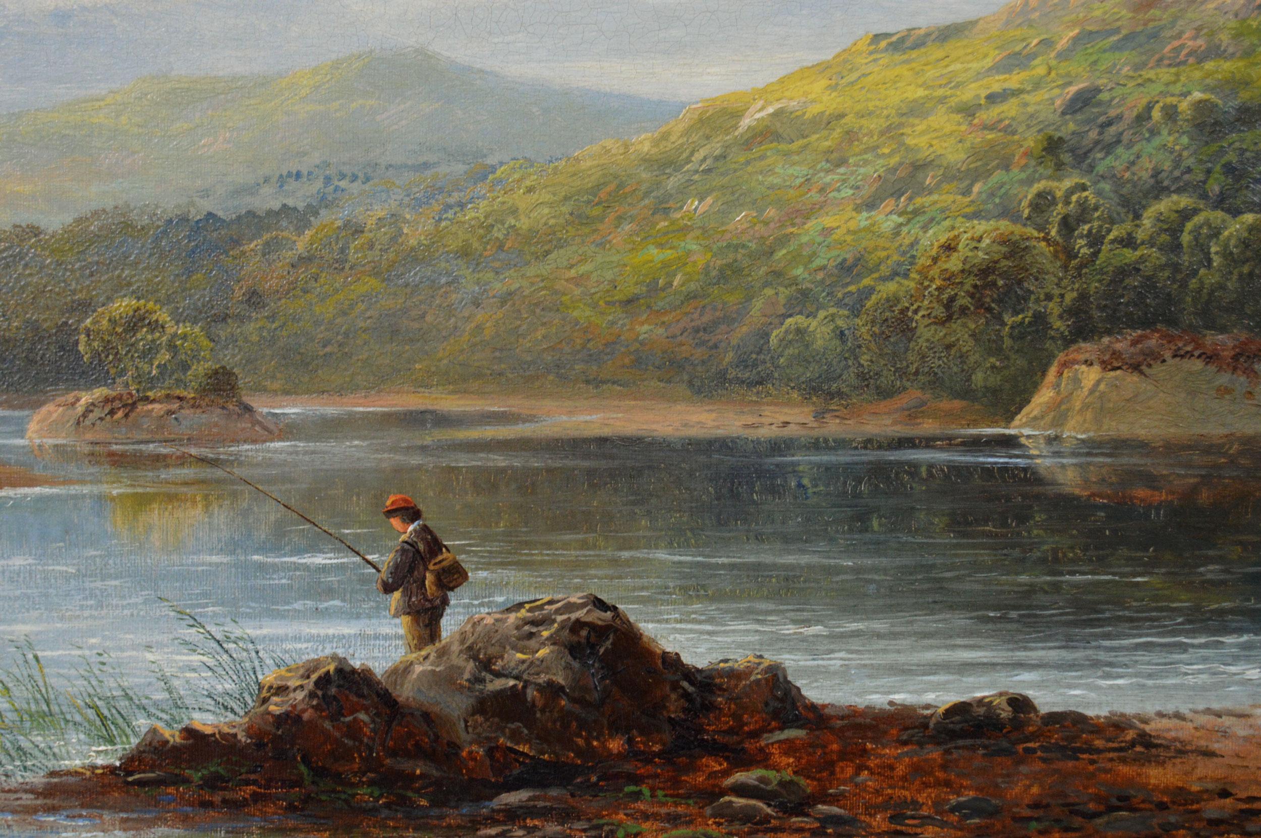 Peinture à l'huile du 19ème siècle - Paysage des Highlands - Des personnes pêchent sur un loch - Victorien Painting par Charles Leaver Shaw