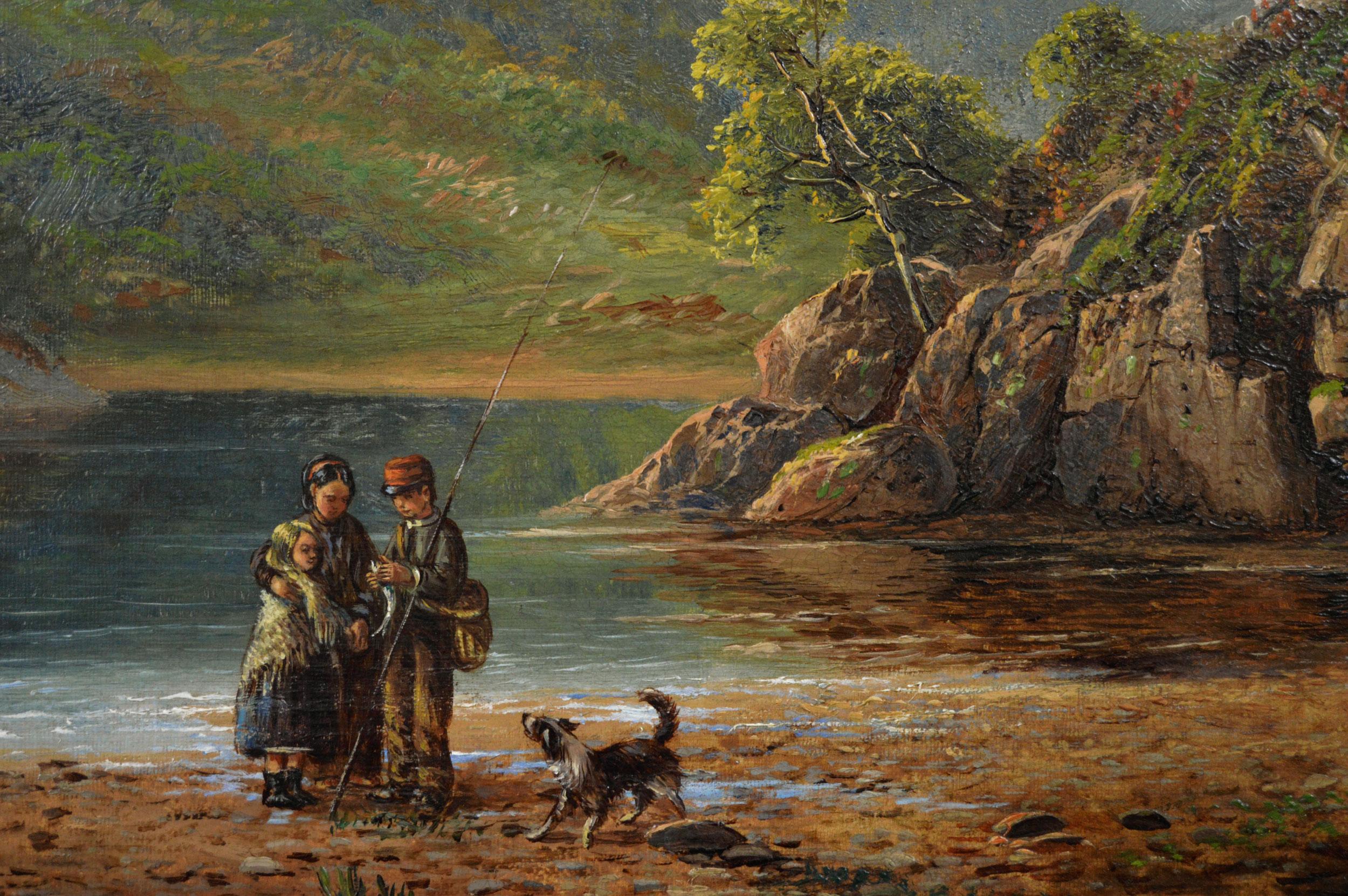 Peinture à l'huile du 19ème siècle - Paysage des Highlands - Des personnes pêchent sur un loch - Marron Figurative Painting par Charles Leaver Shaw