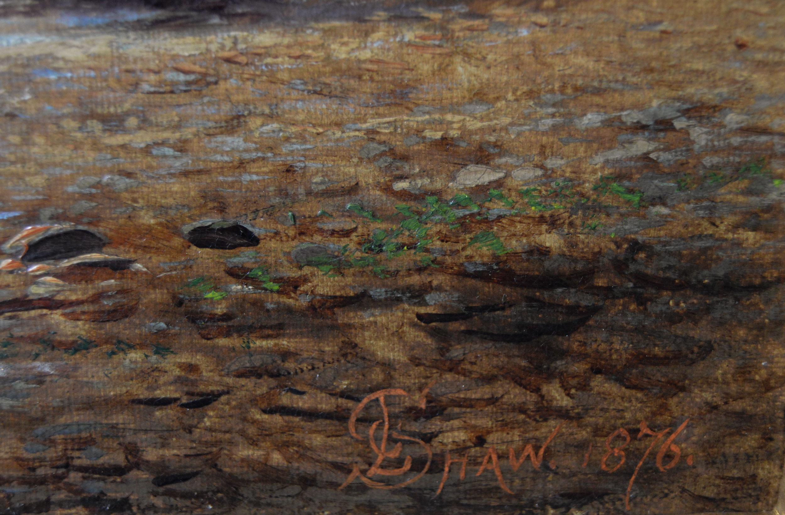 Peinture à l'huile du 19ème siècle - Paysage des Highlands - Des personnes pêchent sur un loch 1