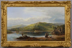 19th Century Highland landscape oil painting of people fishing at a loch