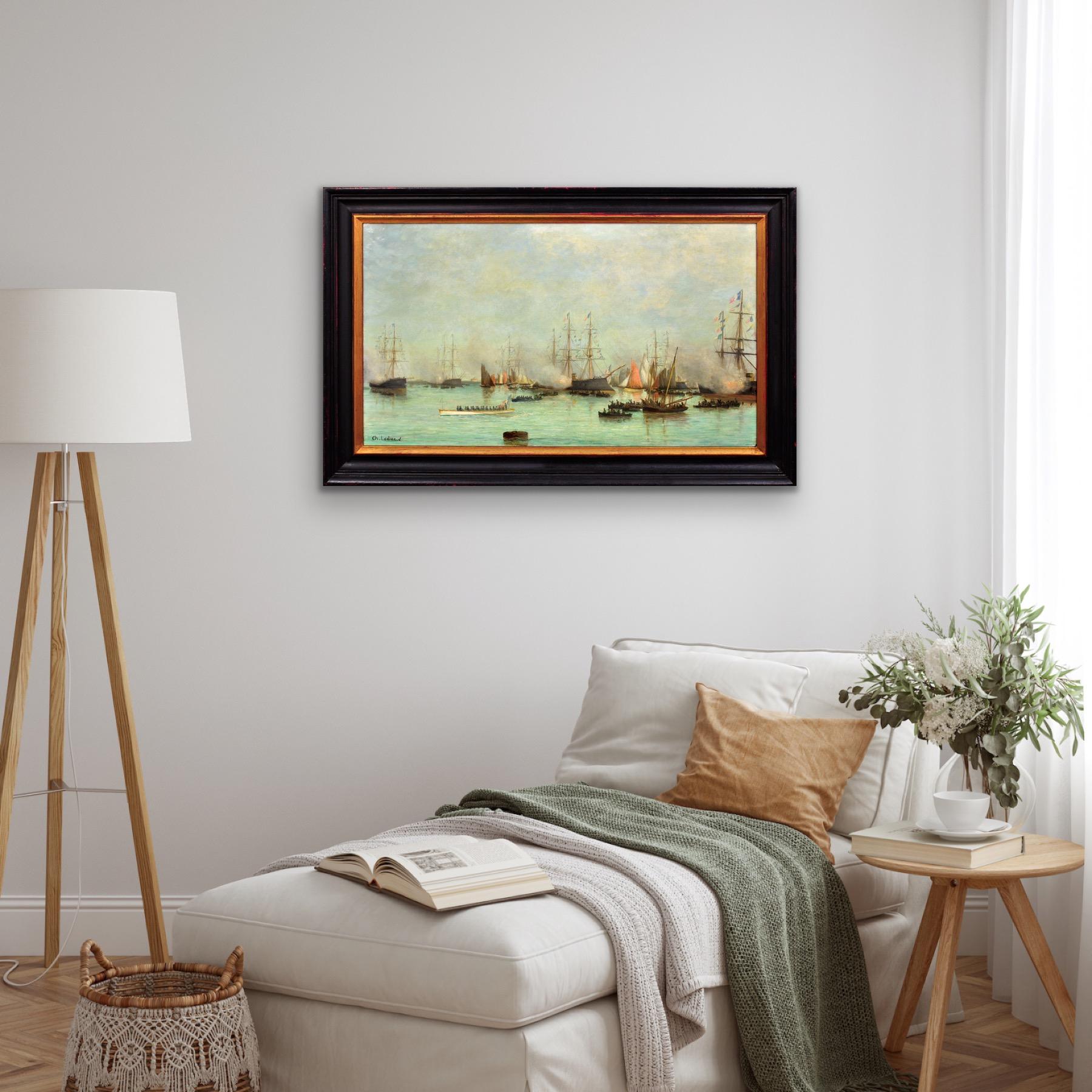 Conmemoraciones del Día de la Bastilla en el Puerto Pintura al óleo naval francesa original de la década de 1880 en venta 4