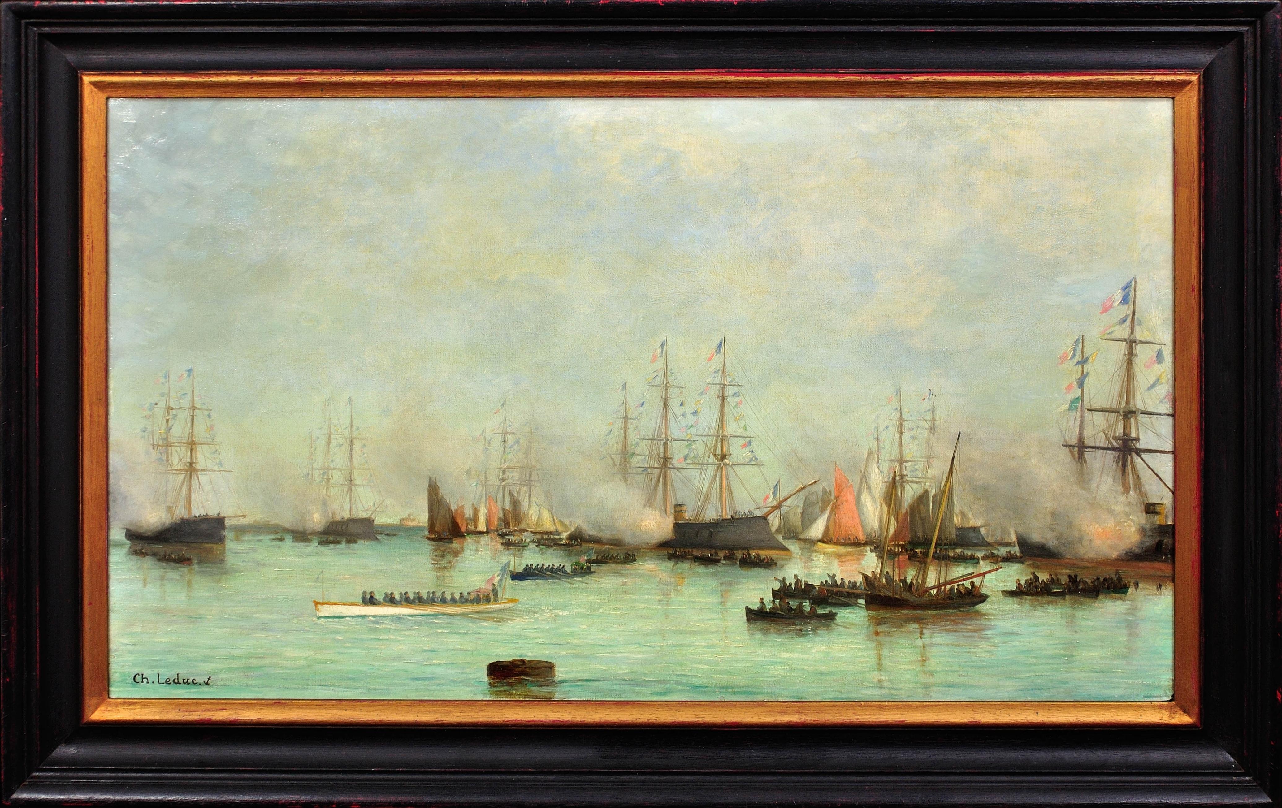 Landscape Painting de Charles Leduc - Conmemoraciones del Día de la Bastilla en el Puerto Pintura al óleo naval francesa original de la década de 1880