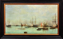 Conmemoraciones del Día de la Bastilla en el Puerto Pintura al óleo naval francesa original de la década de 1880