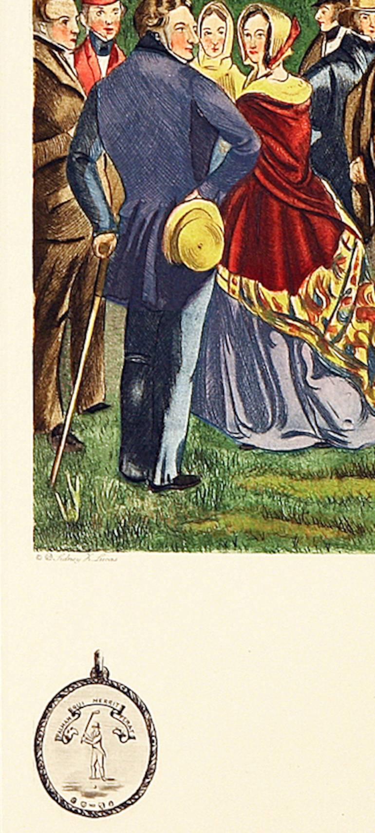 Scène d'une partie endiablée à St. Andrews, l'un des premiers tournois de golf. Gravure basée sur la célèbre peinture à l'huile intitulée The Golfers-A Grand Match de Charles Lees, 1847. Publié par la Société des eaux-fortes de Paris et imprimé en