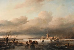 Winter landscape with ice skaters - Dutch - European - Mill - Ice- Winter 