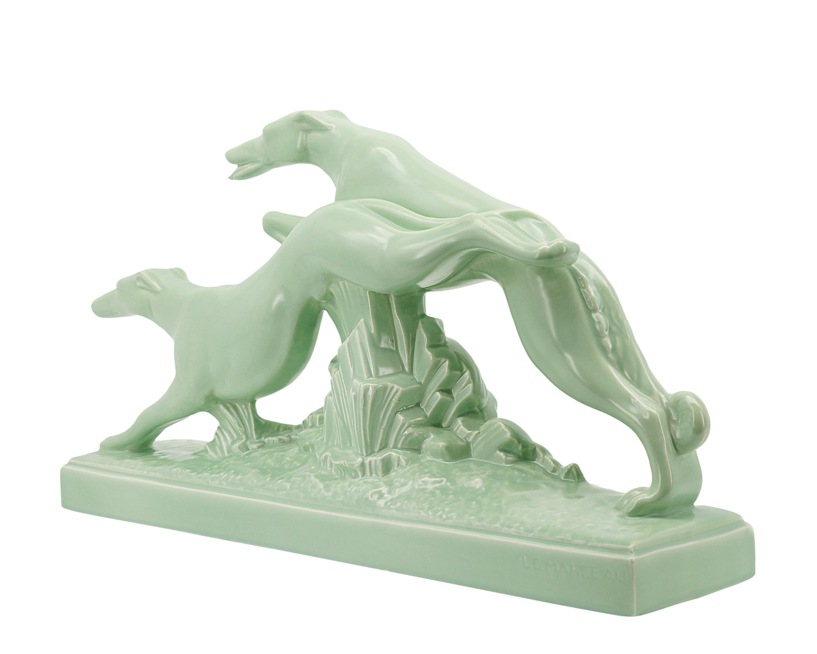 Charles LEMANCEAU Keramik-Keramik- Greyhound-Couple, Paar, 1920 im Angebot 3