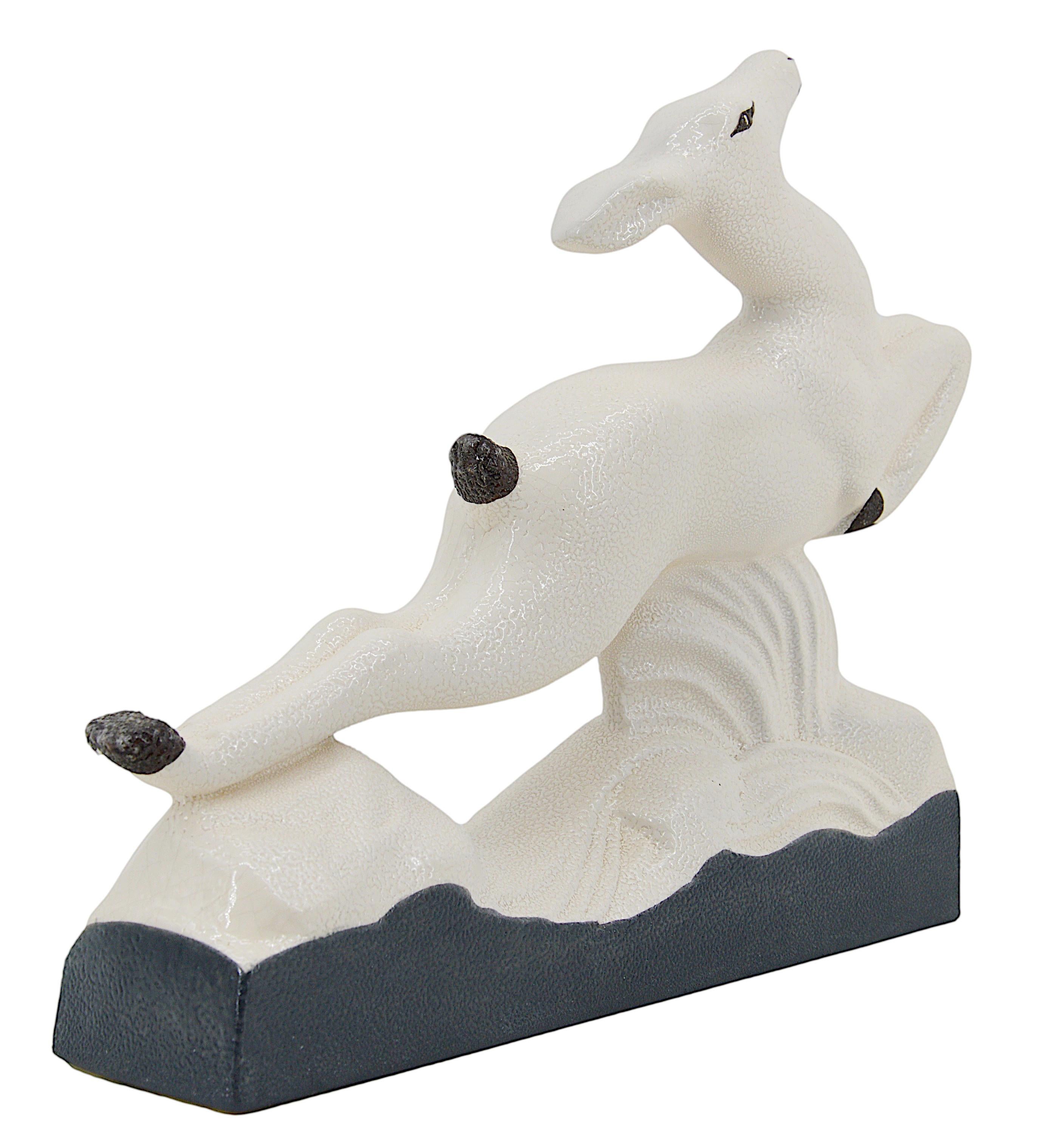 French Art Deco antelope ceramic sculpture by Charles LEMANCEAU at Sainte-Radegonde, France, 1930. Width: 13.4