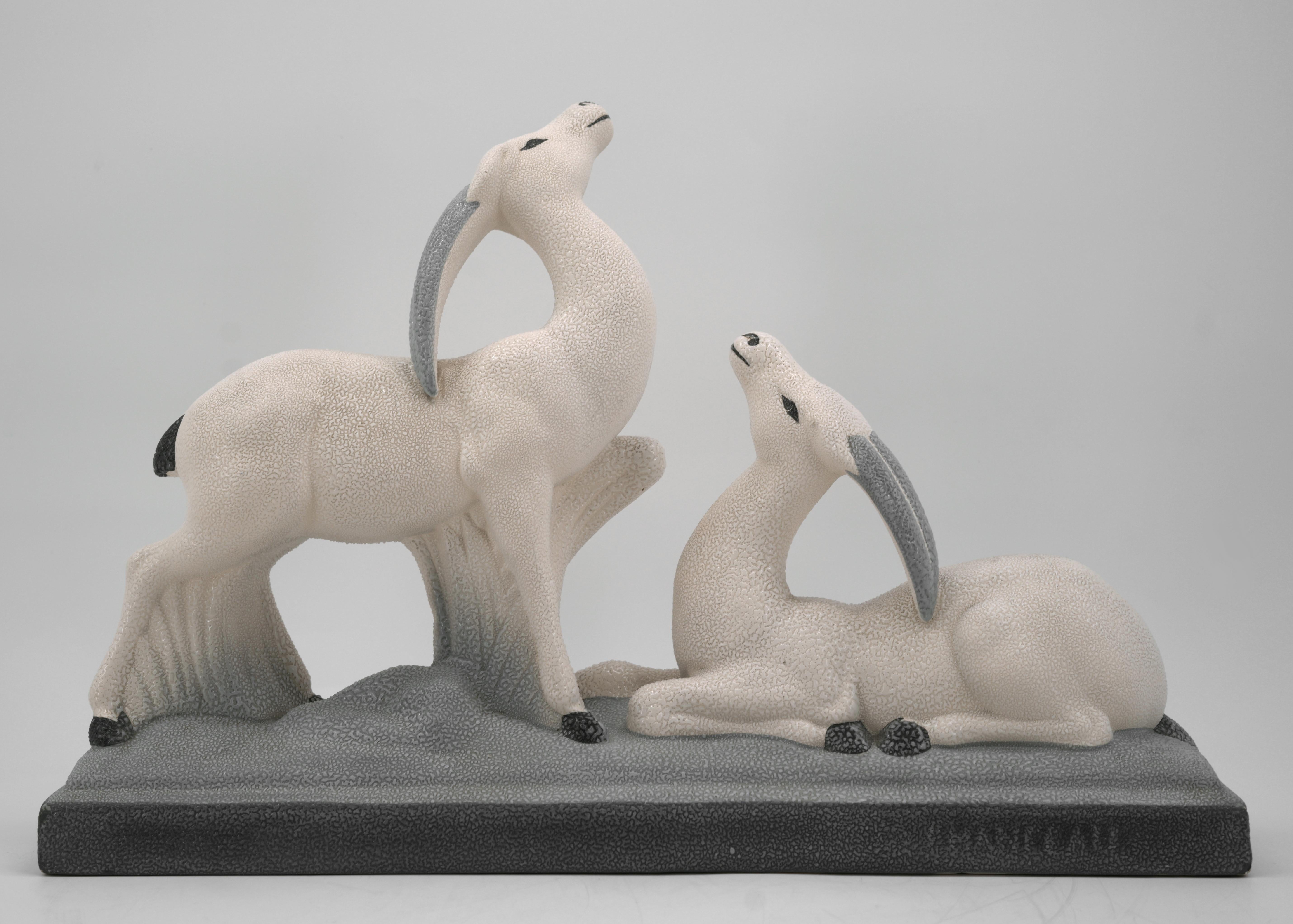 Ceramic Charles Lemanceau French Art Deco Antelope Couple, 1920 For Sale