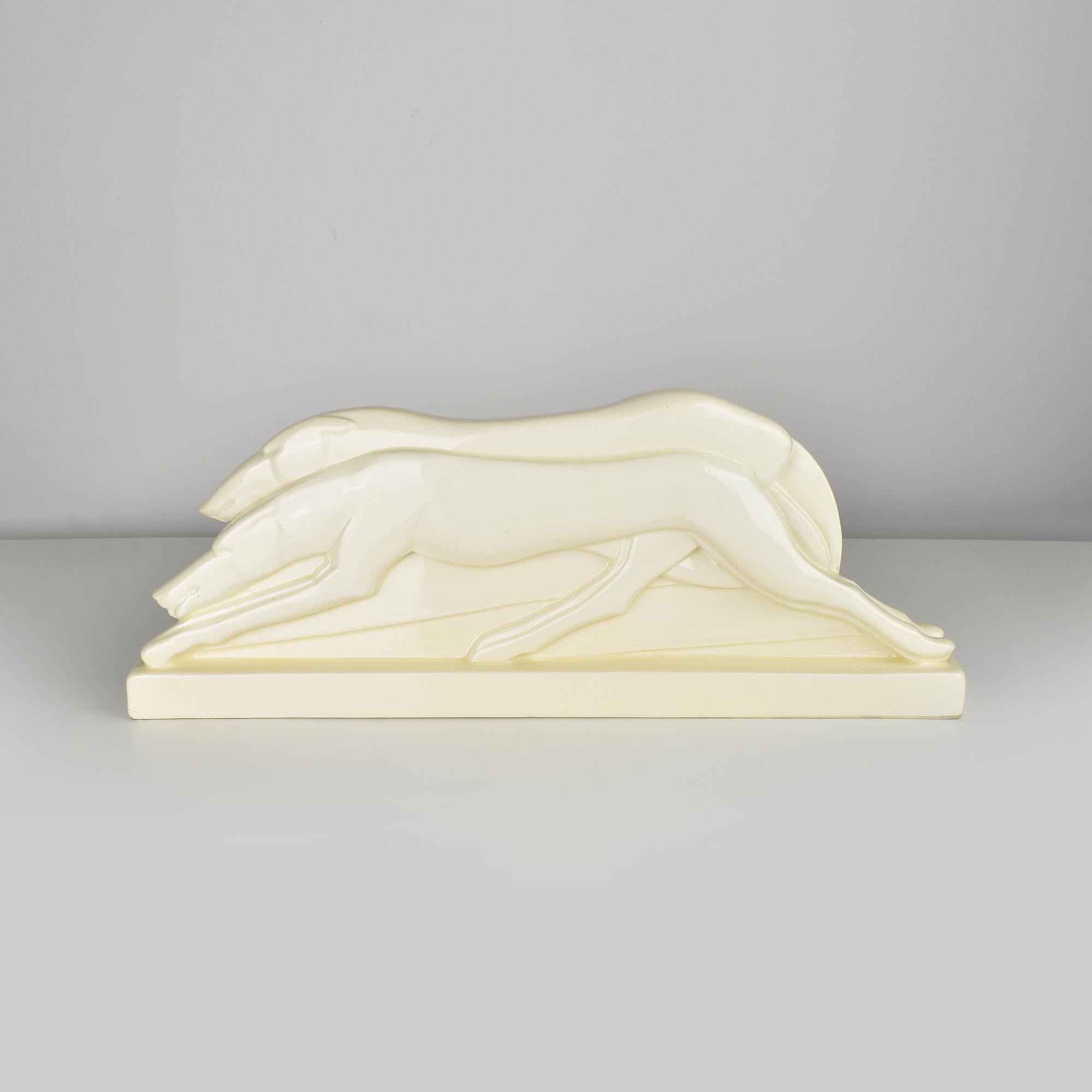 Glazed Charles Lemanceau French Art Deco Borzoi Greyhound Couple, 1930s Majolica For Sale
