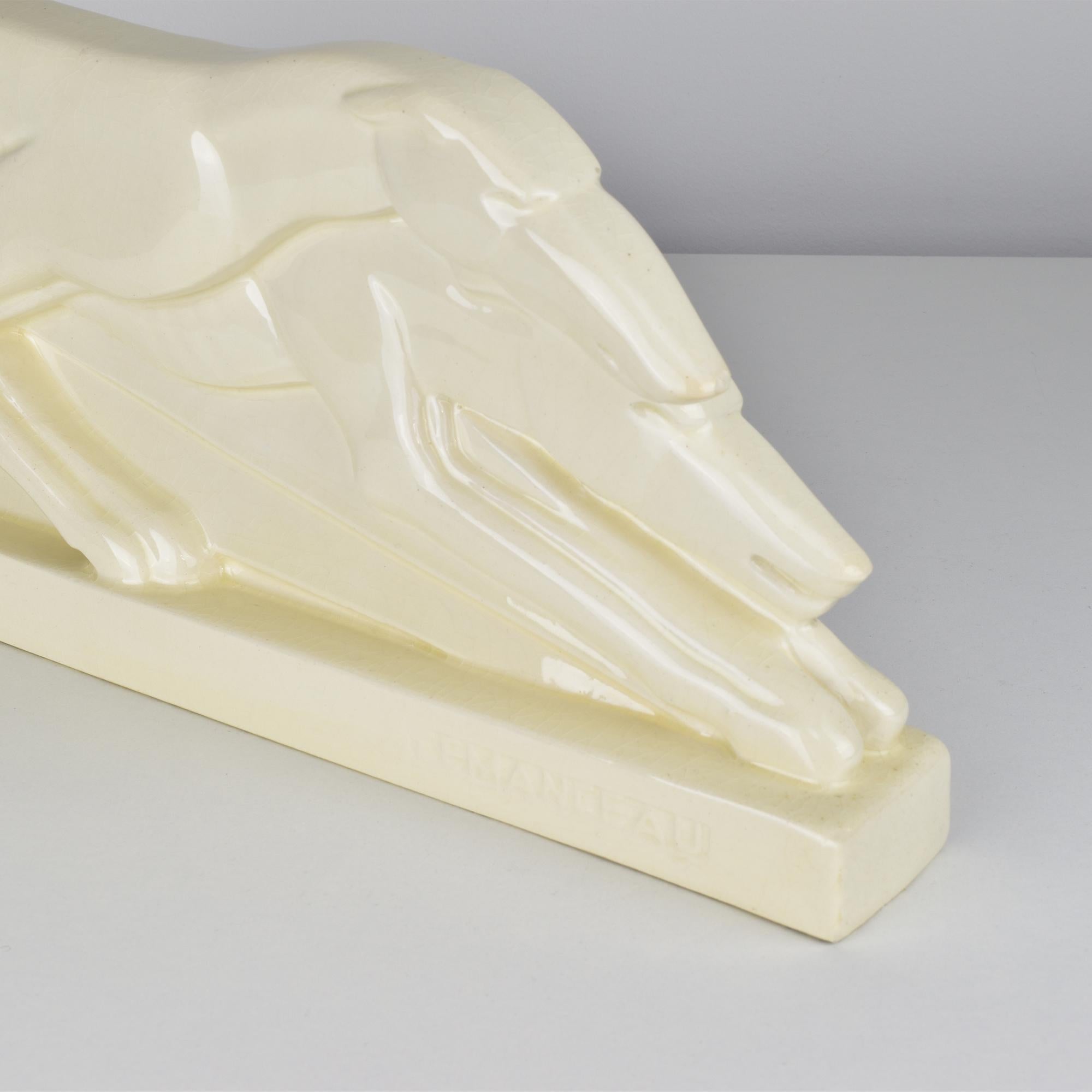 Charles Lemanceau French Art Deco Borzoi Greyhound Couple, 1930s Majolica In Good Condition For Sale In Bad Säckingen, DE