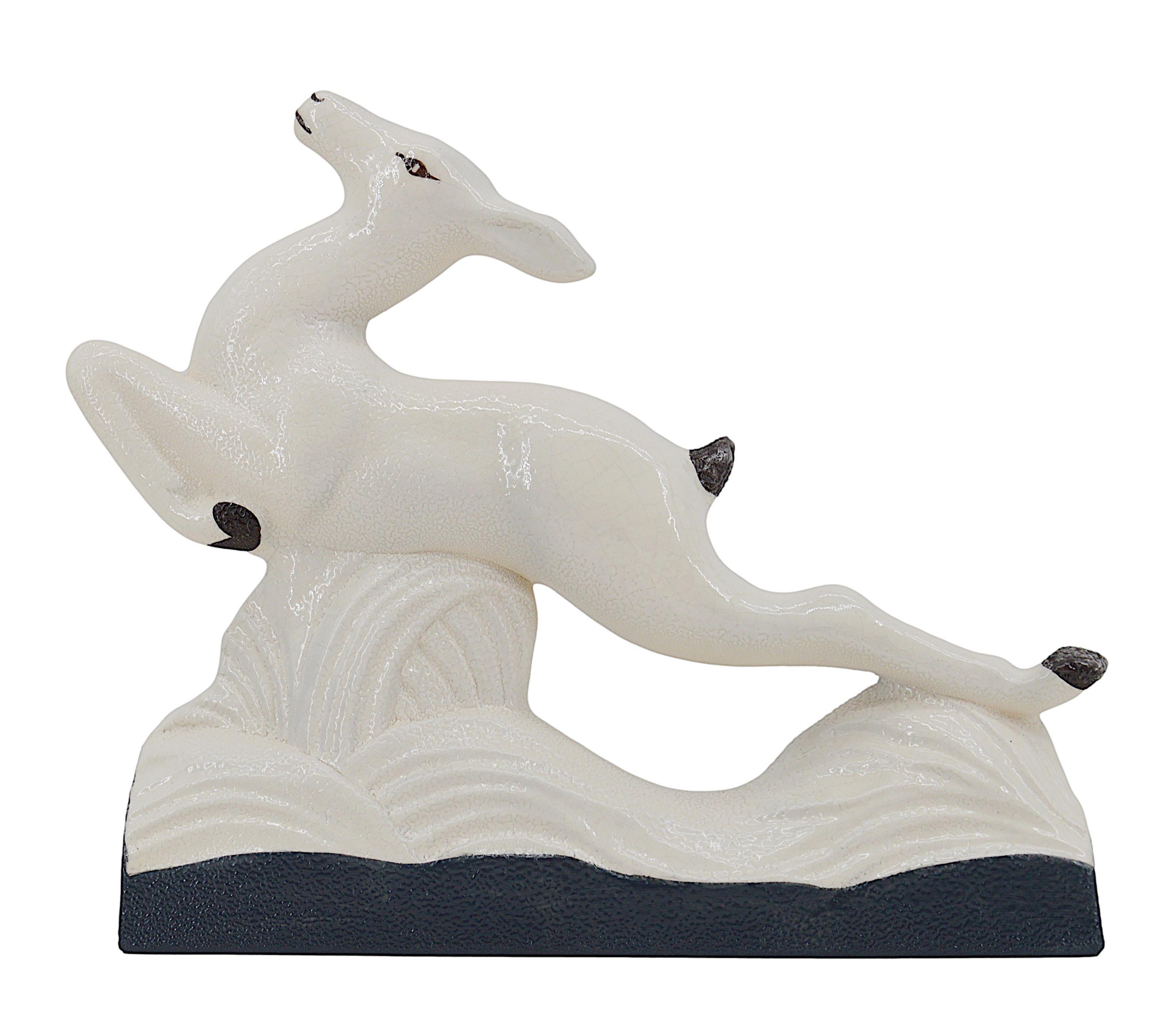 French Art Deco Antelope Ceramic Sculpture by Charles Lemanceau, Sainte-Radegonde, 1920s.

This striking French Art Deco ceramic antelope sculpture was designed in the 1920s by Charles Lemanceau for the renowned Sainte-Radegonde factory in France. A
