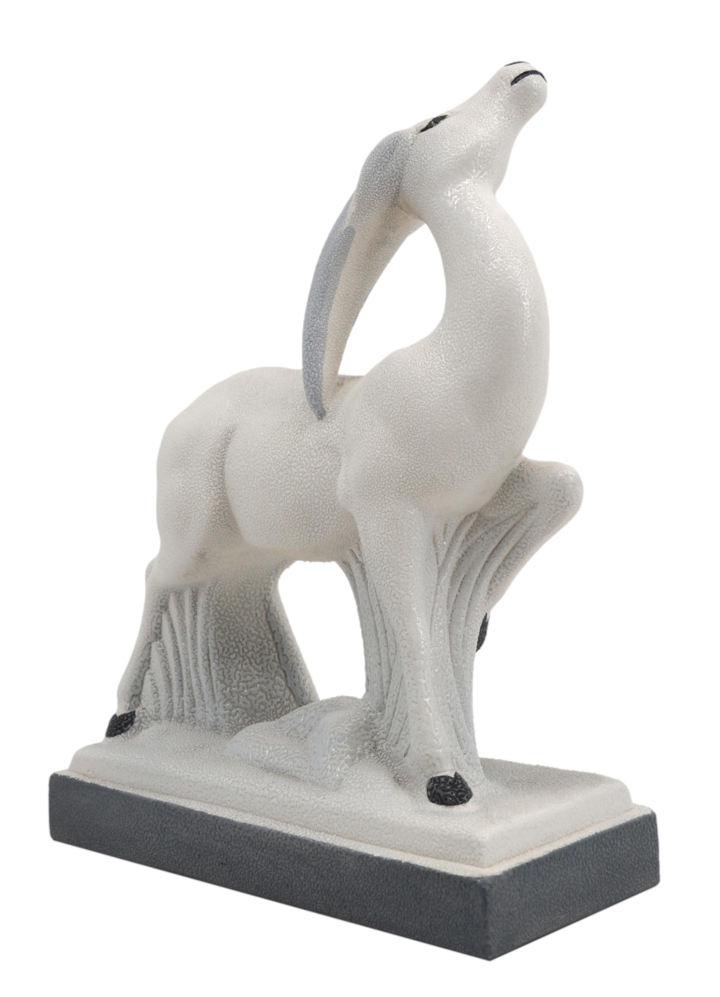French Art Deco antelope sculpture by Charles Lemanceau at Sainte-Radegonde, France, 1920s. Ceramic sculpture named 