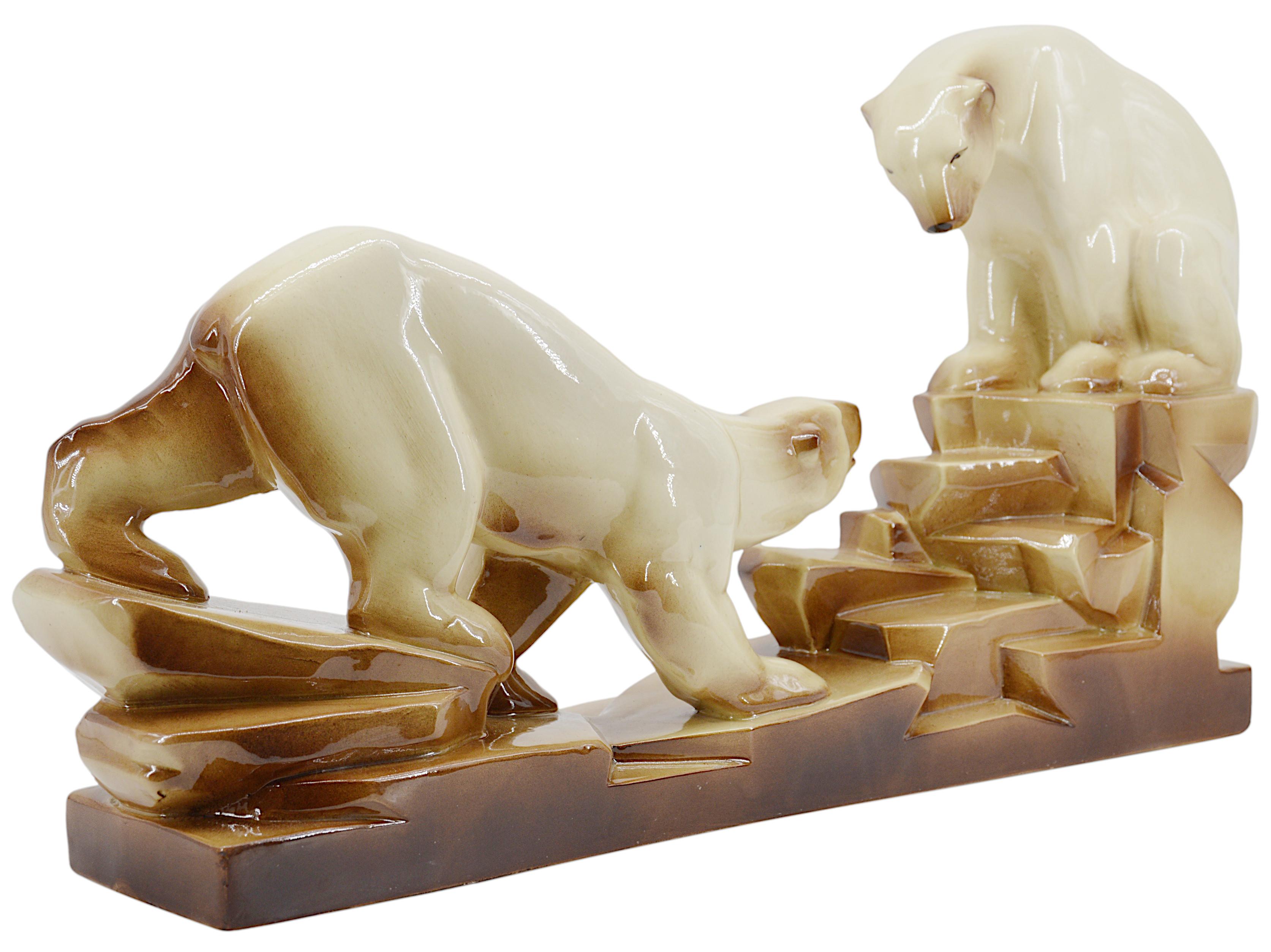 Couple of bears by Charles LEMANCEAU at Sainte-Radegonde's, France, ca.1935. French Art Deco ceramic. This model is named 